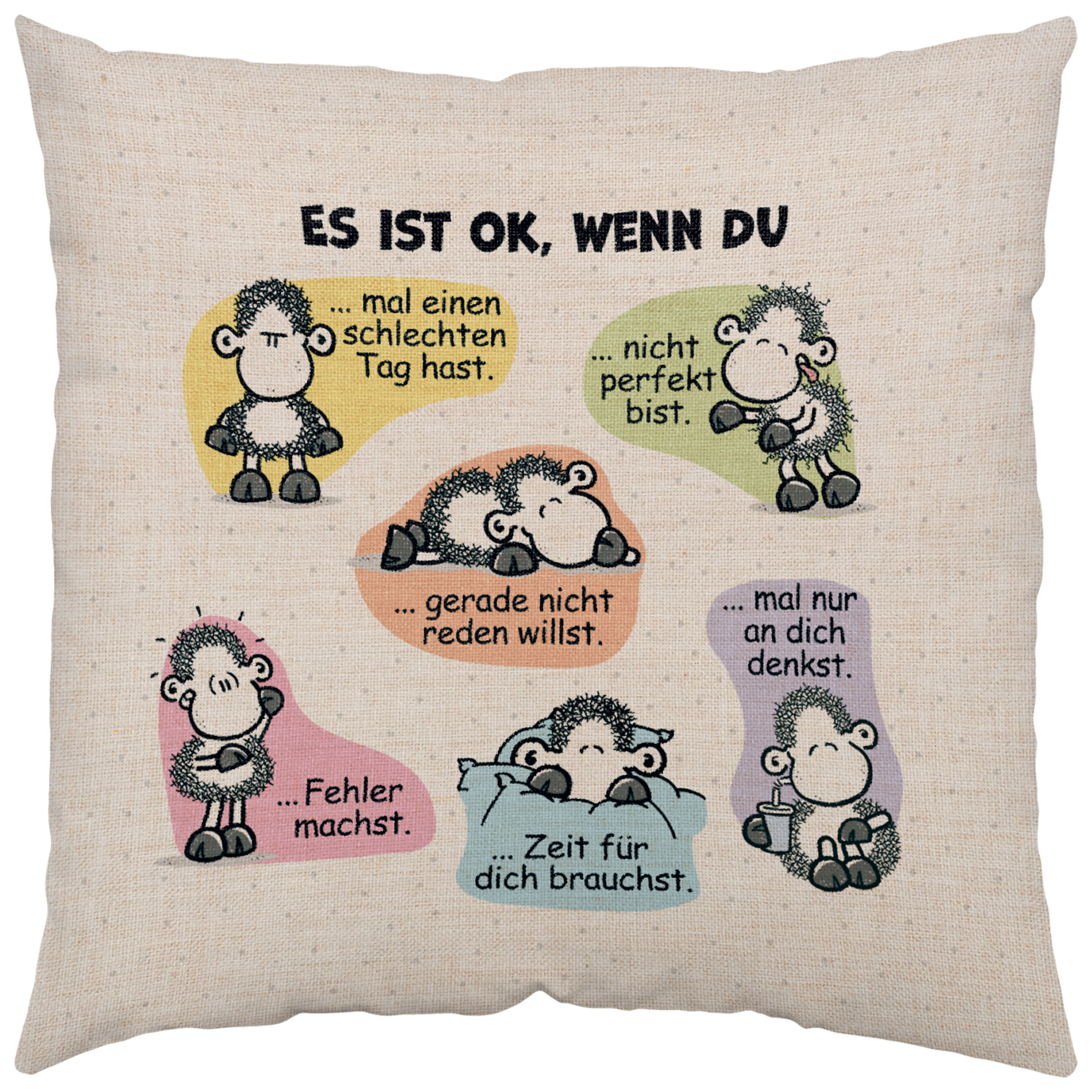 Kuschelkissen mit Schäfchen-Motiv in Pastellfarben auf Canvas-Optik