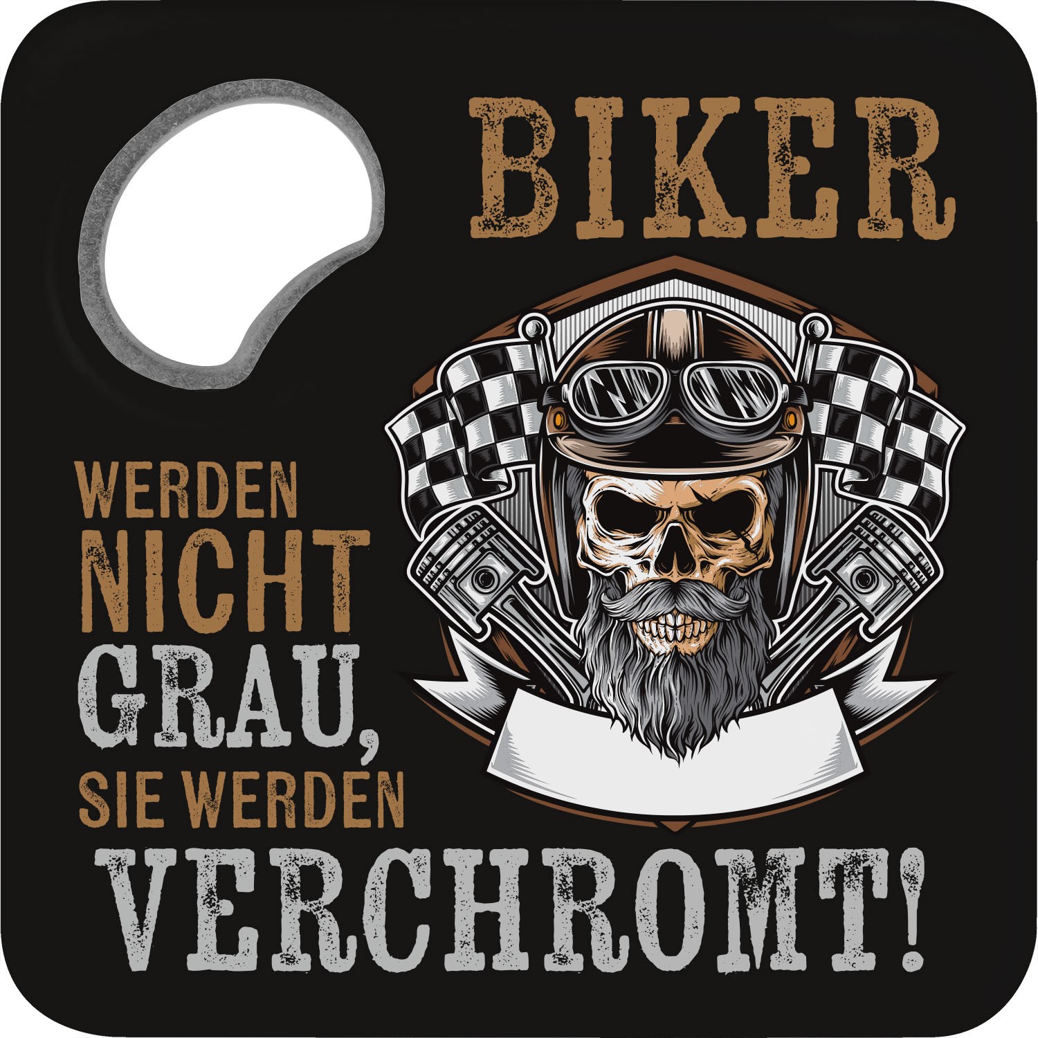 Untersetzer mit Flaschenöffner im Biker-Design, Skull-Motiv, schwarzer Hintergrund.