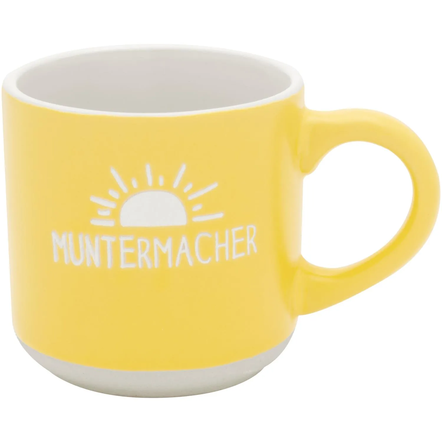Gelbe Espressotasse mit Sonnen-Motiv und Muntermacher-Schriftzug, weißer Innenrand
