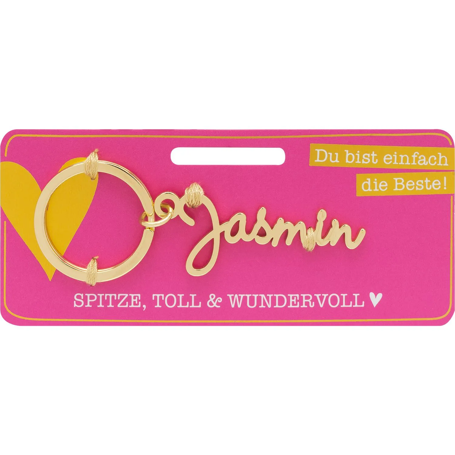 Goldener Namens-Schlüsselanhänger Jasmin auf pinker Geschenkkarte.