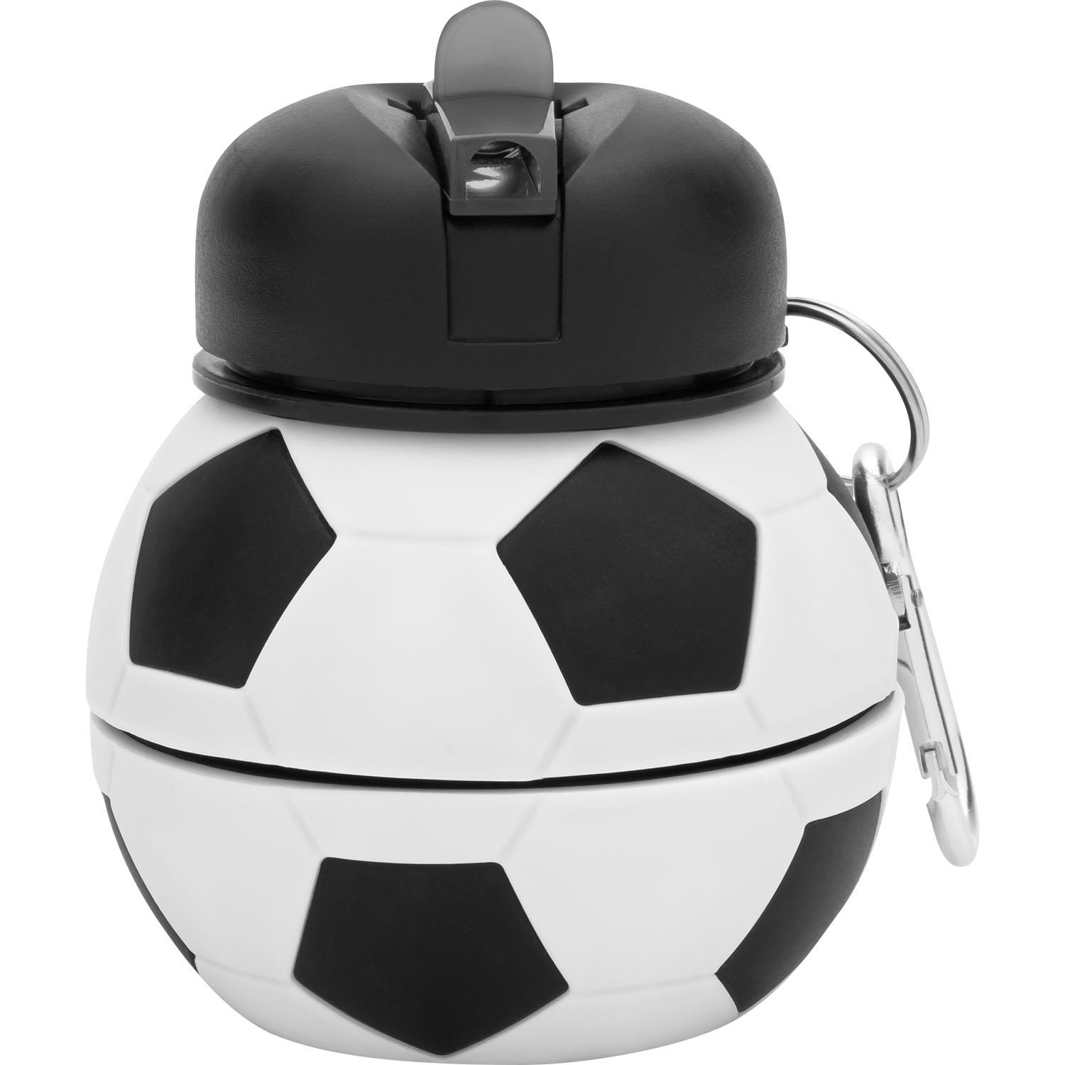 Fußballförmige Trinkflasche aus Kunststoff mit schwarzem Deckel und Karabiner.