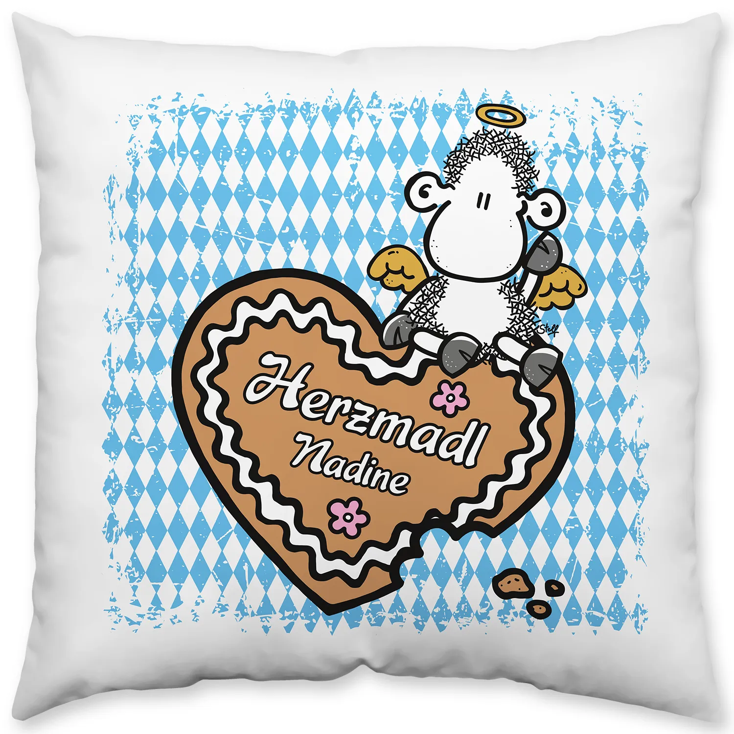 Weißes Kissen mit Schaf- und Herzkeks-Motiv, personalisiert mit Nadine