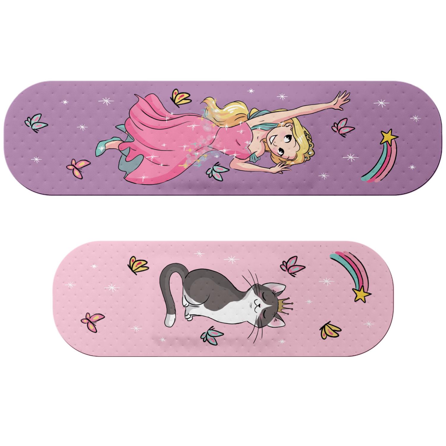 Pflasterbogen mit Prinzessin und Kätzchen auf pastellviolettem Hintergrund, hautfreundlich, luftdurchlässig.