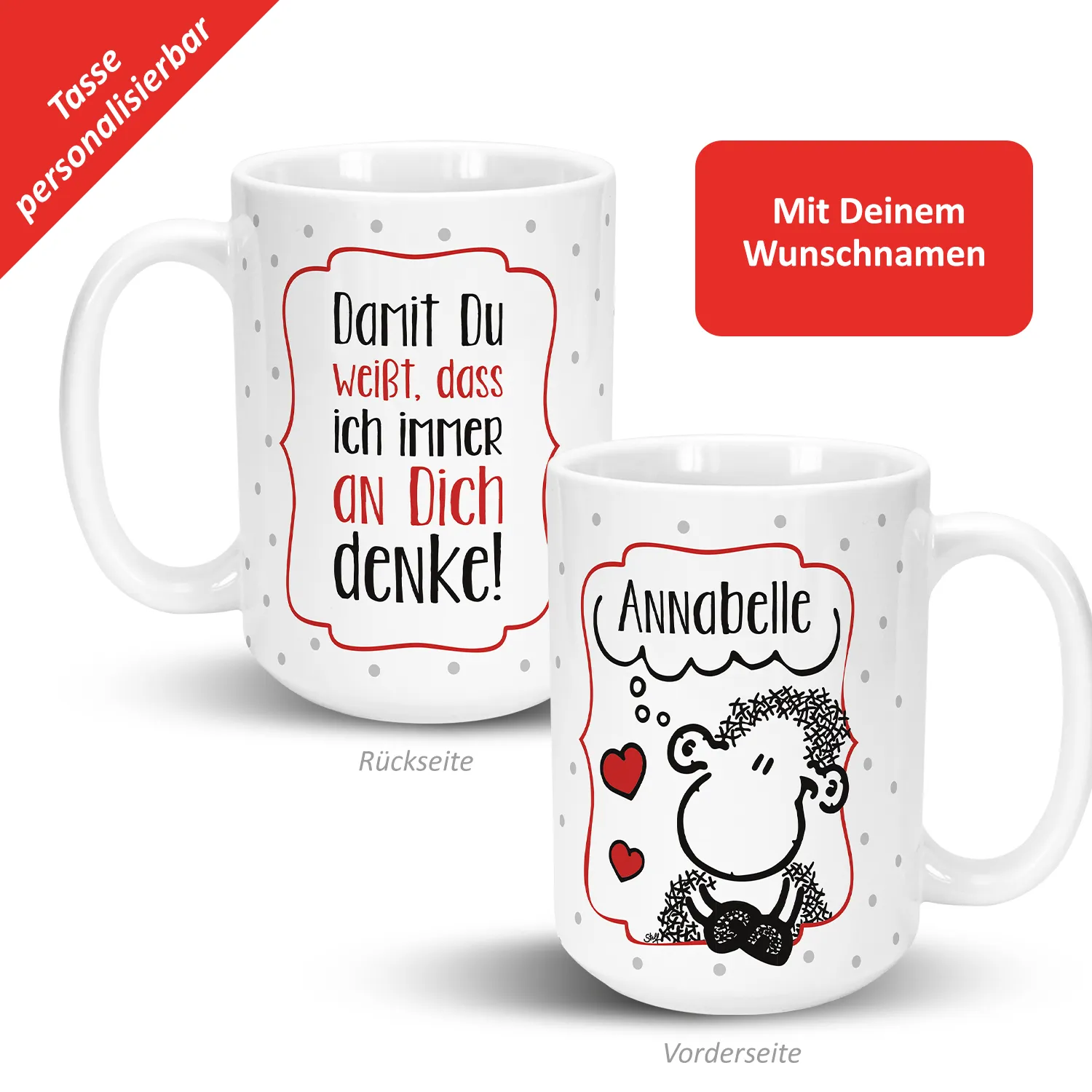 Weiße Keramiktasse mit Schaf-Illustration und personalisierbarem Namen, Valentinsmotiv.