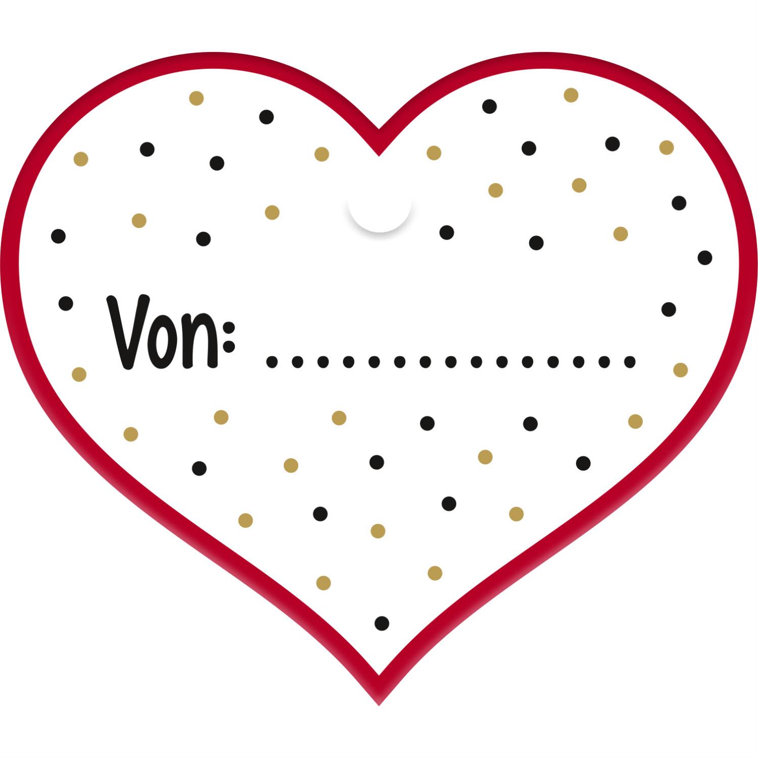 Herzförmiger Geschenkanhänger mit rotem Rand, goldenen und schwarzen Punkten und Von-Feld