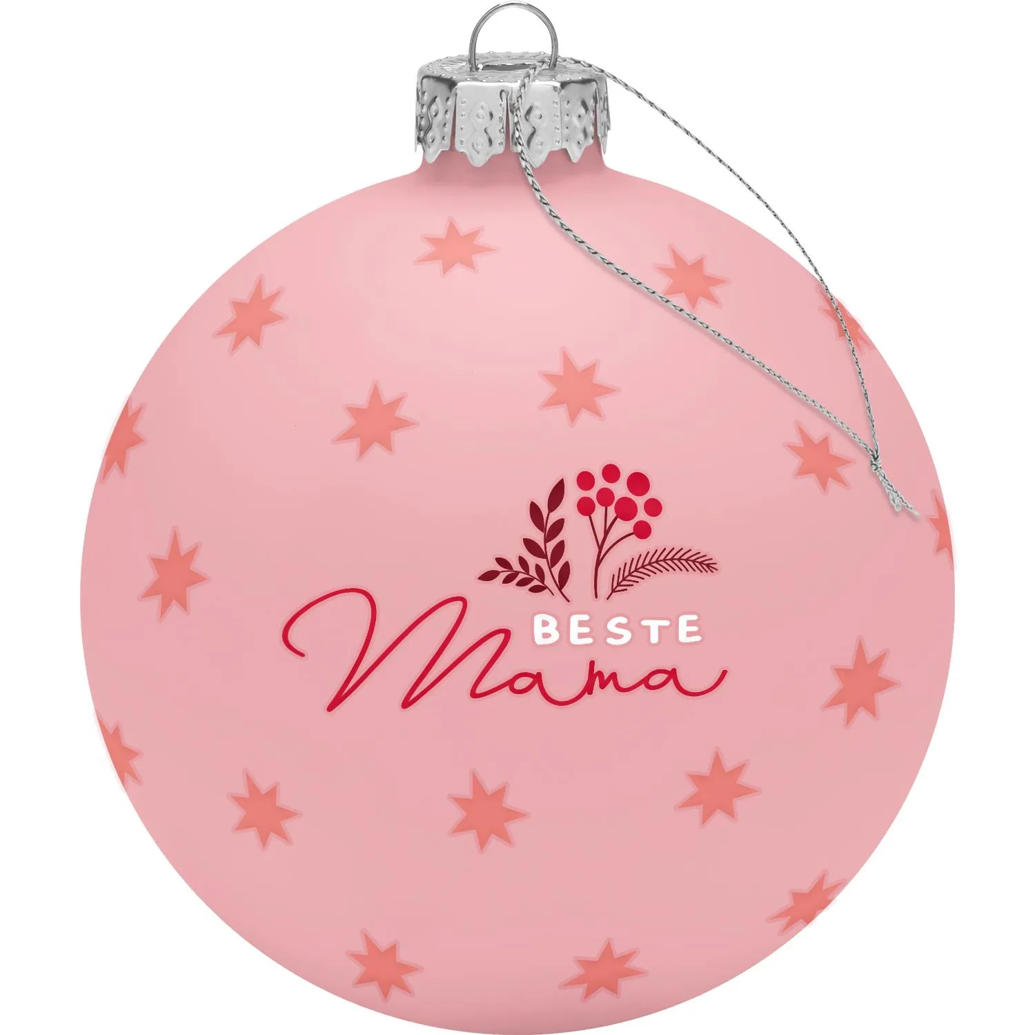 Rosa Glas-Weihnachtskugel mit Schriftzug 'Beste Mama' und Sternchen-Dekor