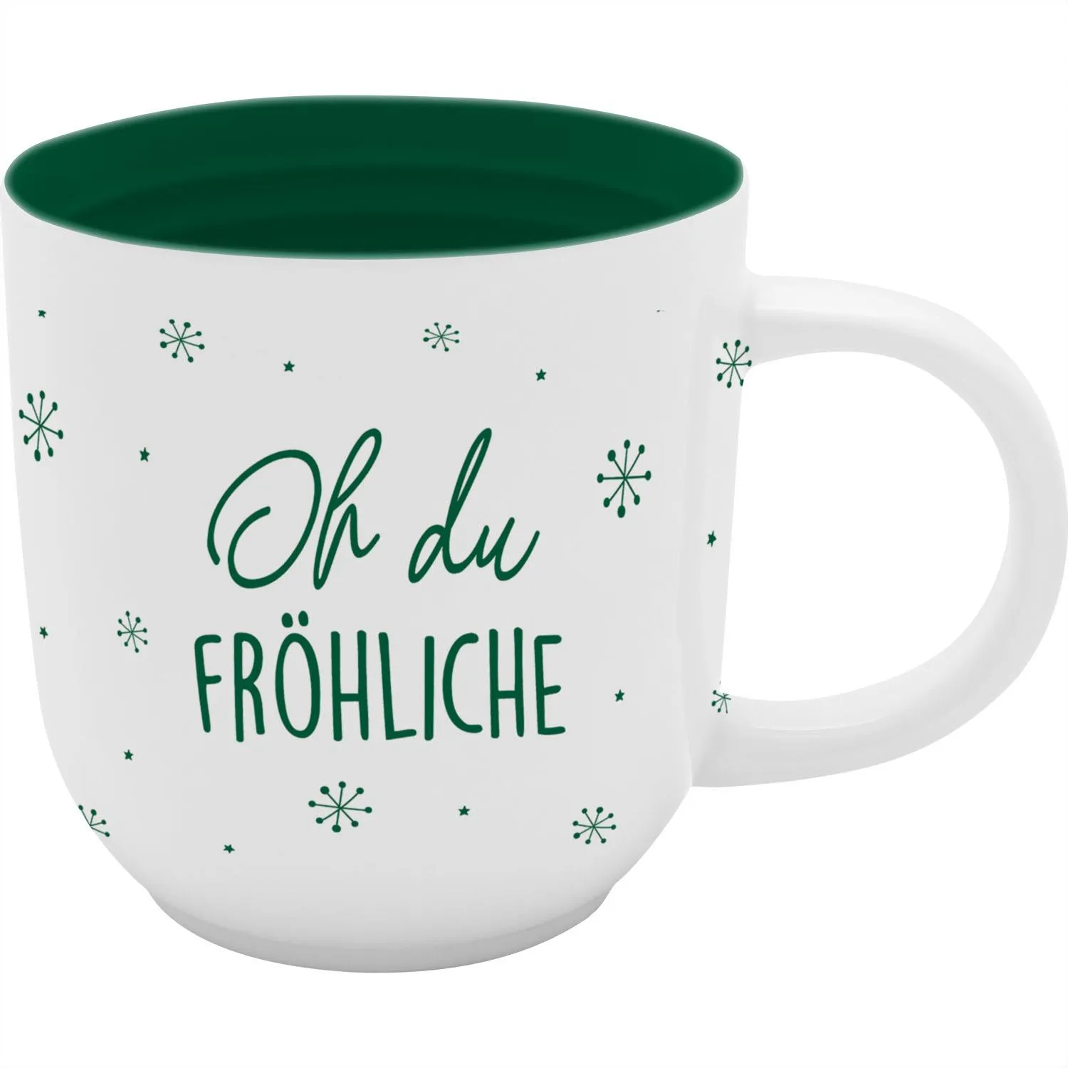 Weiße Porzellantasse mit grünem Innenrand und Schriftzug Oh du Fröhliche