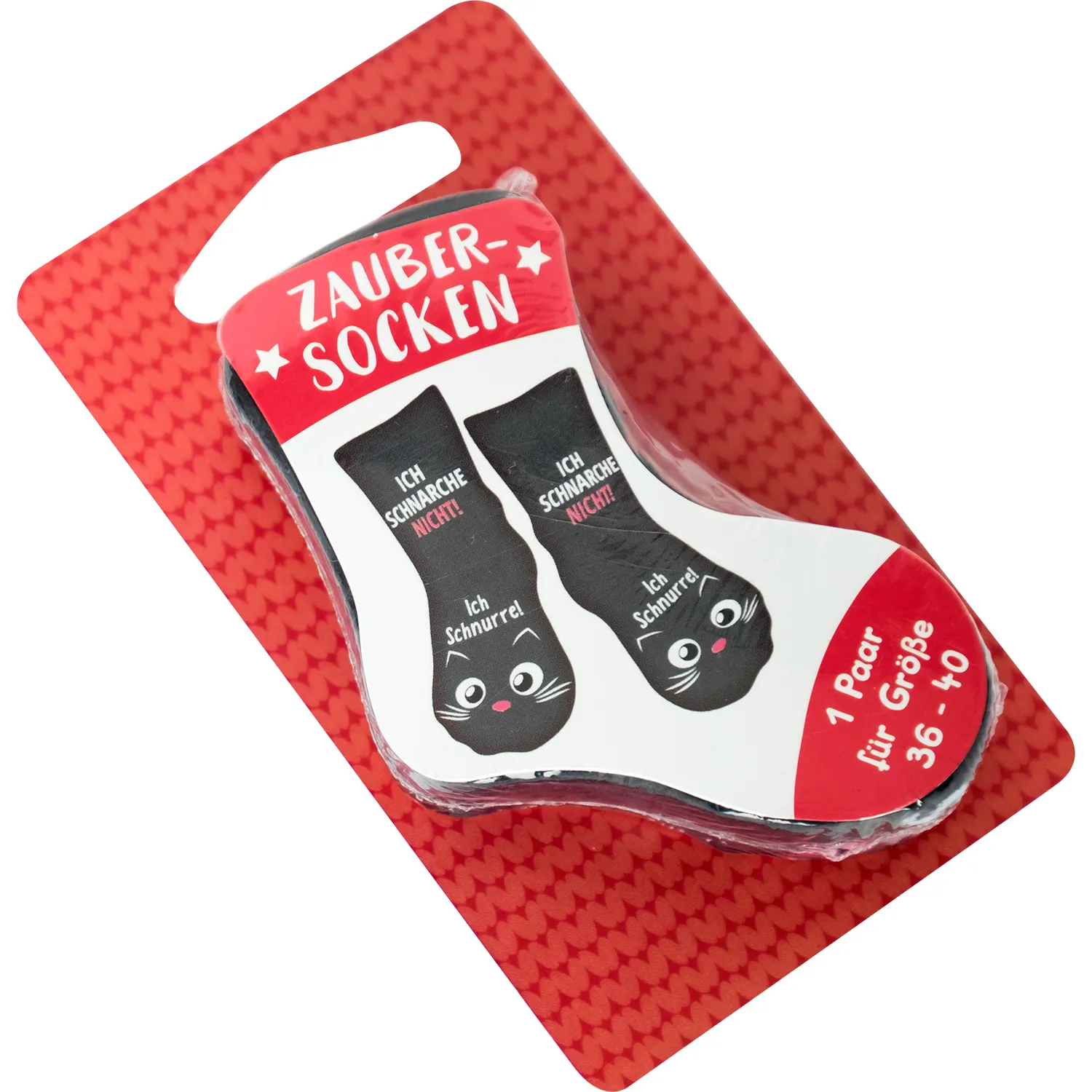 Zaubersocken mit Katzenmotiv in roter Verpackung, 1 Paar, Größe 36-40