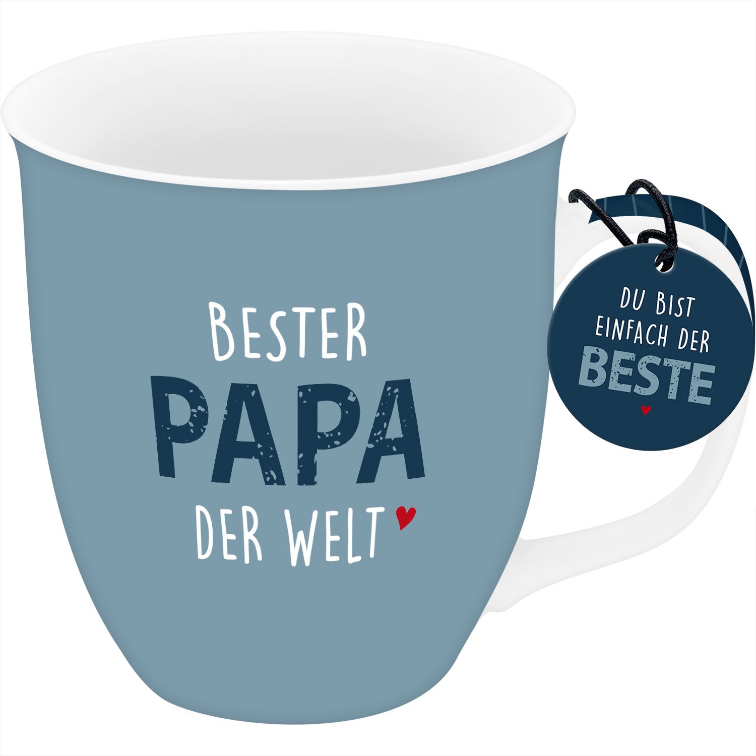 Blaues Porzellan-Becher mit Spruch 'BESTER PAPA DER WELT' und Geschenketikett.