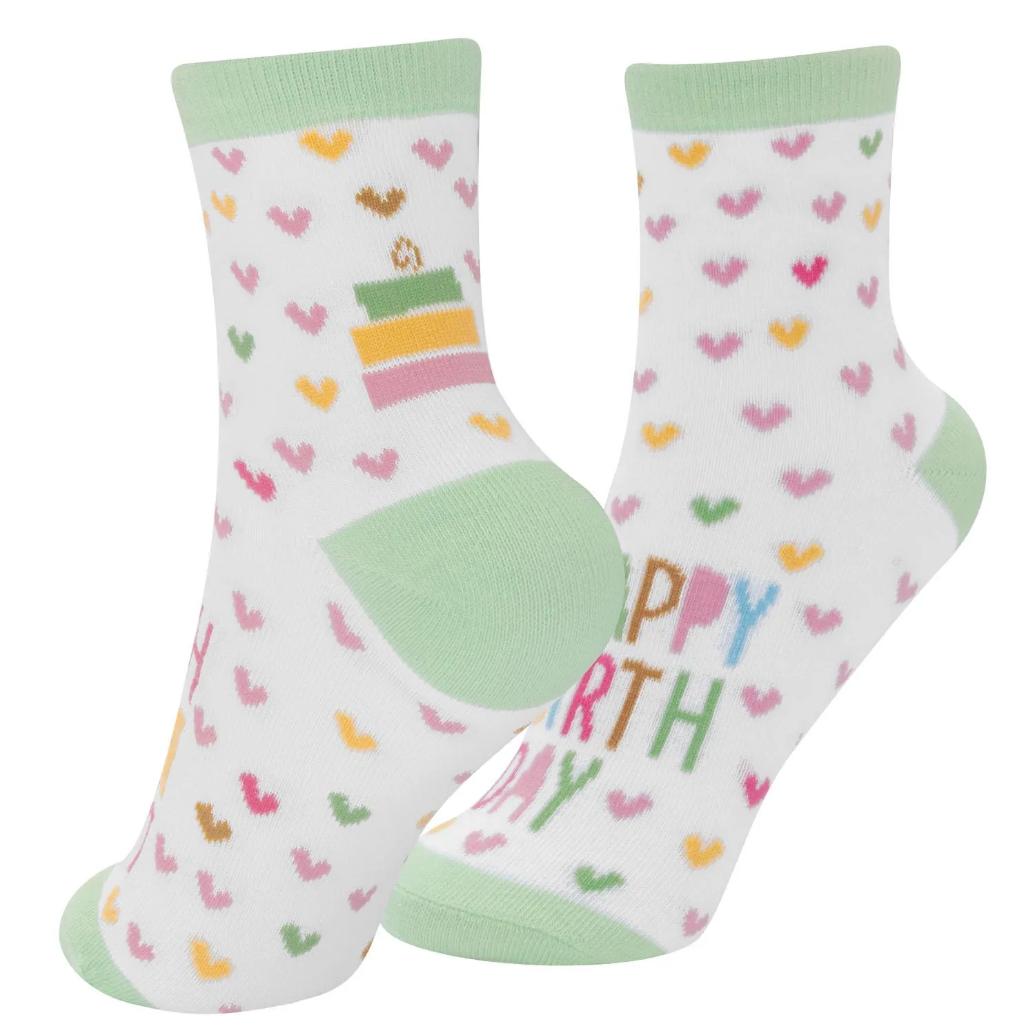 Weiße Zaubersocken mit Pastellherzen und Kuchenmotiv – Geburtstagsspaß.