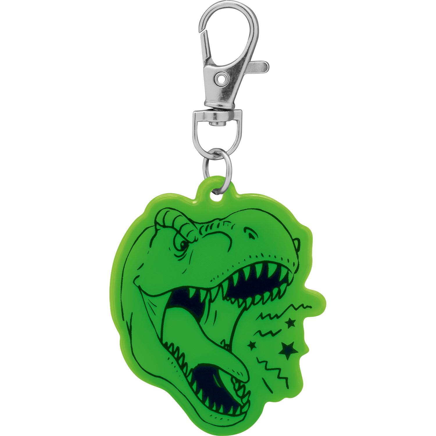 Grüner Dino-Reflektor aus Kunststoff mit Metallclip – auffällig sicher am Ranzen