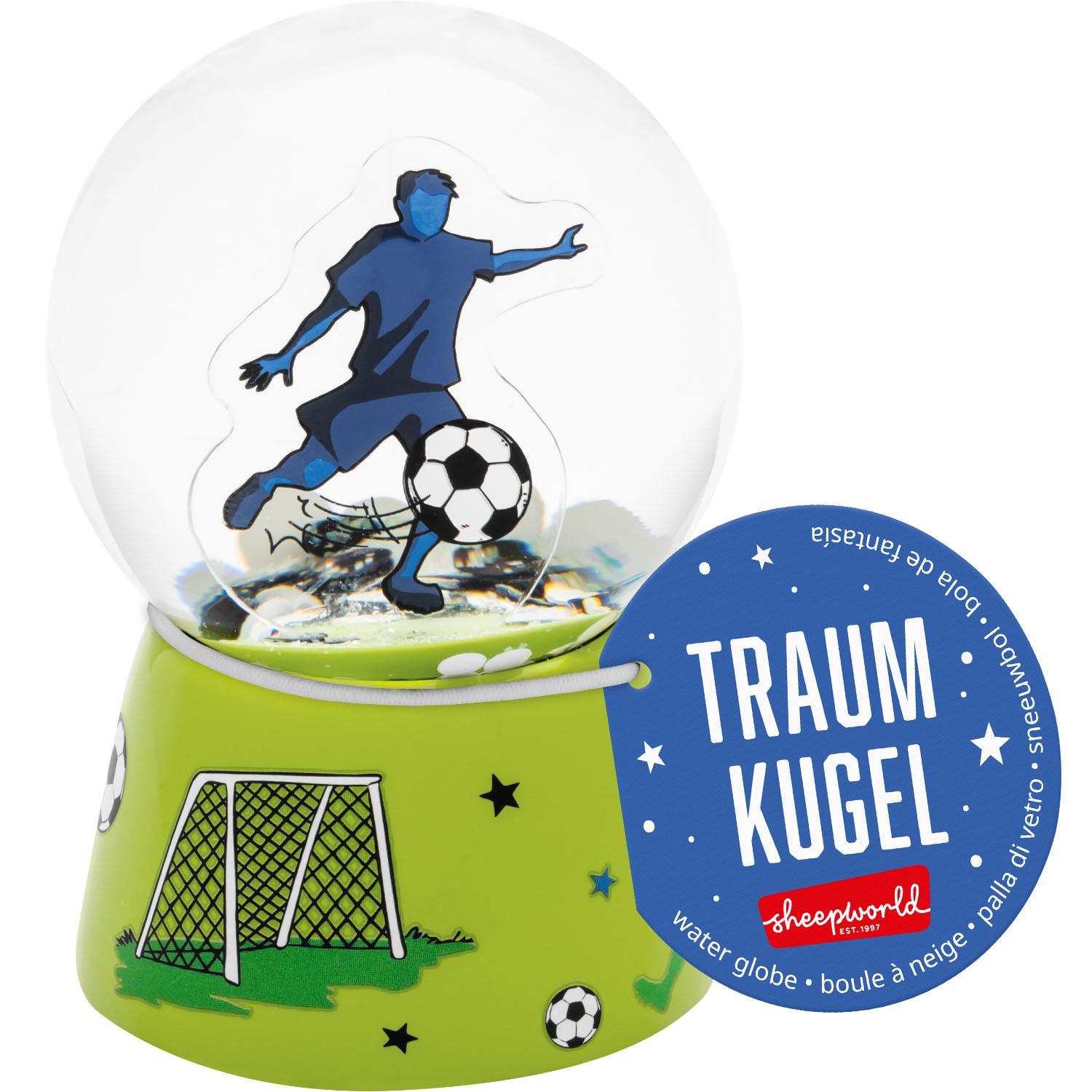 Grüne Schneekugel mit 3D-Fußballspieler im Glas und blauem Traumkugel-Tag.