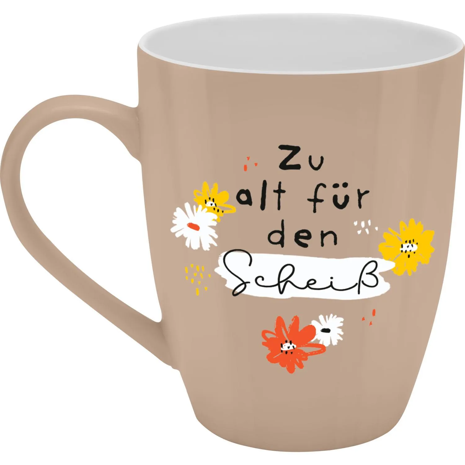 Beiger Porzellanbecher mit Blumenmotiv und Spruch 'Zu alt für den Scheiß' in Geschenkbox.