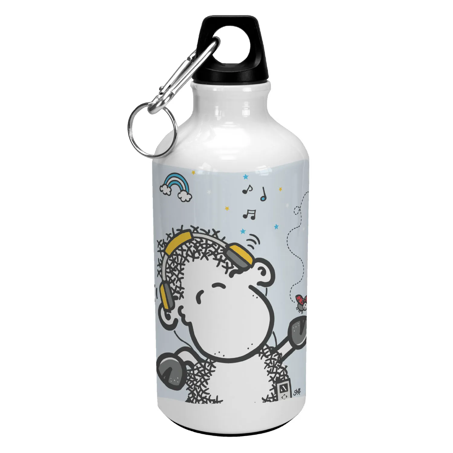 Weiße Alu-Trinkflasche mit Schaf-Motiv und Kopfhörern