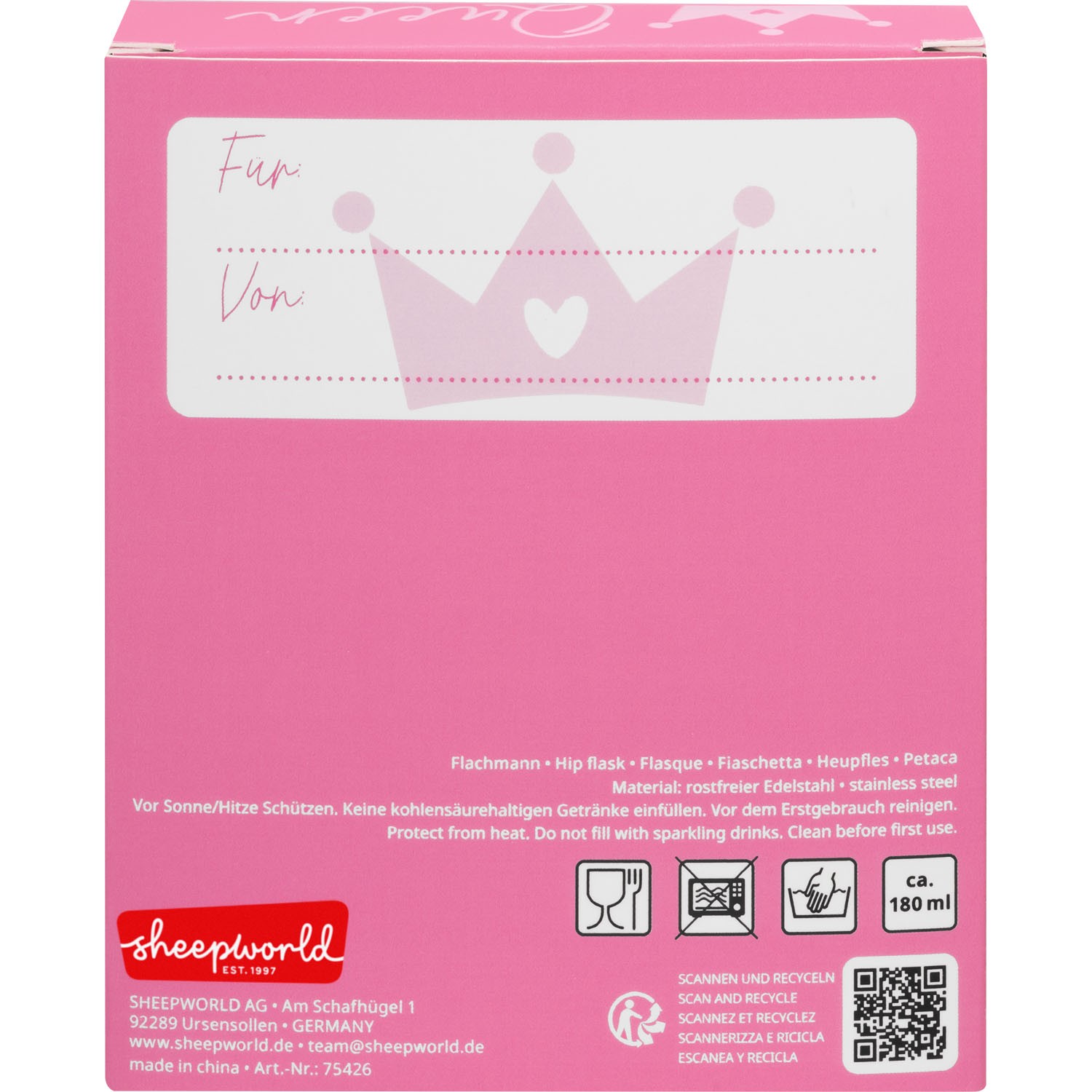 Rosa Flachmann aus Edelstahl in pinker Geschenkverpackung mit Kronen-Motiv und Herz