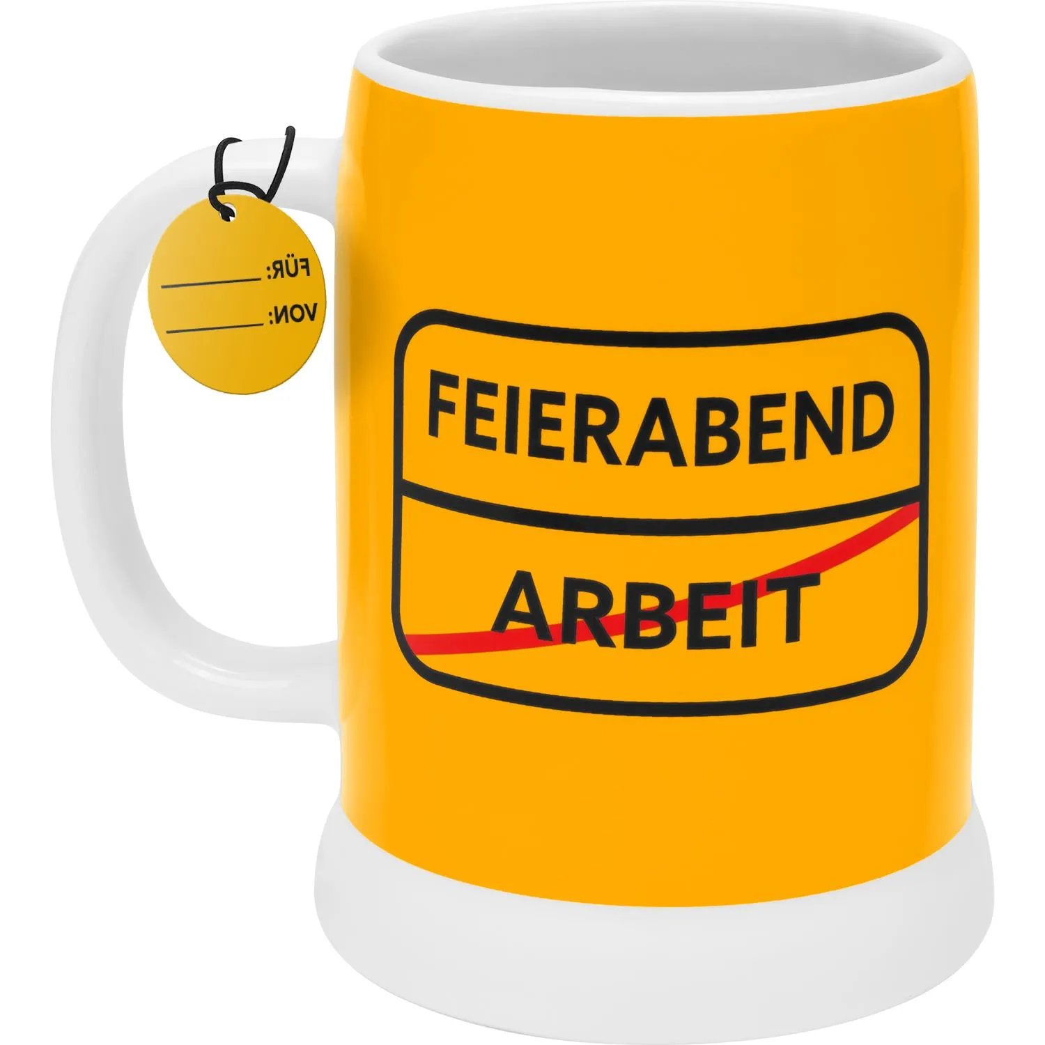Gelber Glas-Bierkrug mit Aufdruck FEIERABEND ARBEIT und weißem Henkel