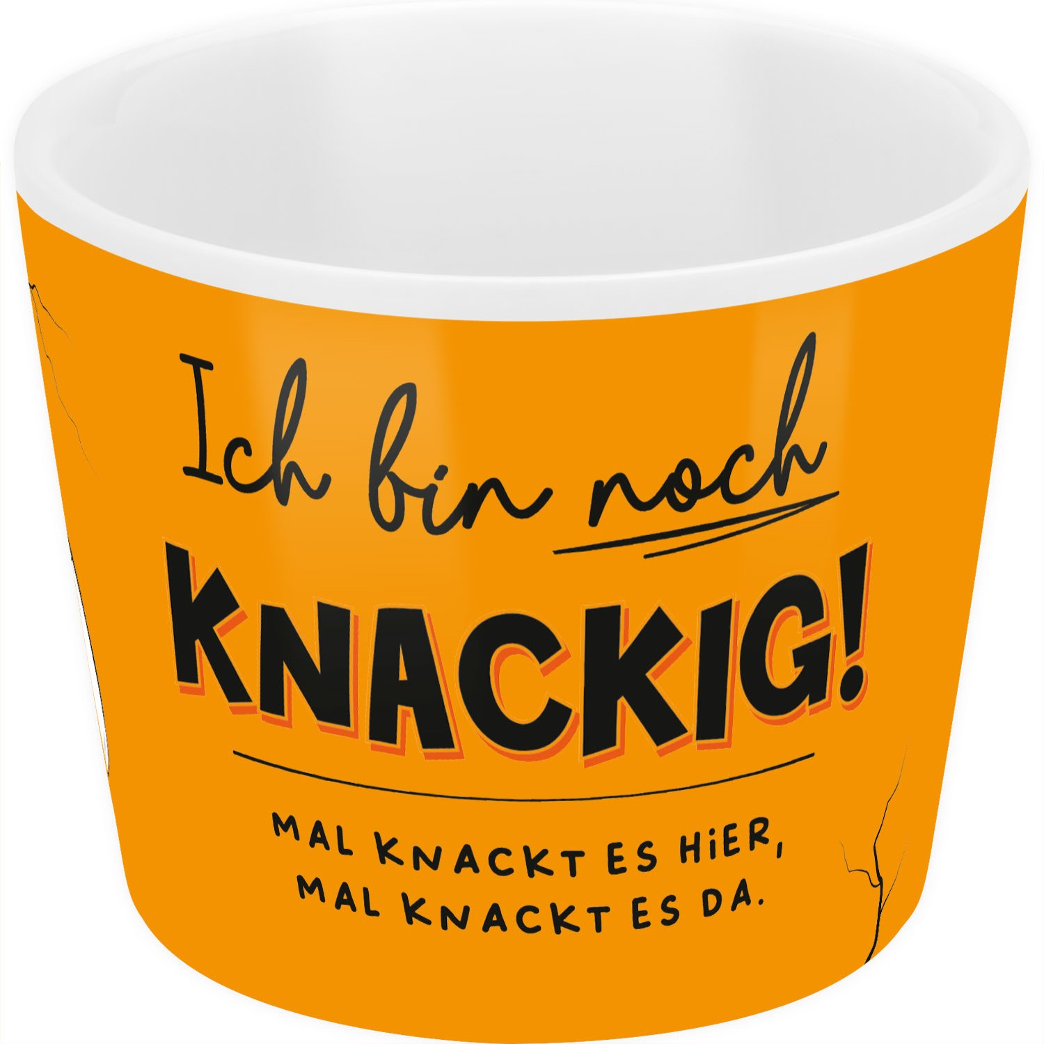 Oranger Eierbecher aus Porzellan mit dem Spruch 'Ich bin noch Knackig!'