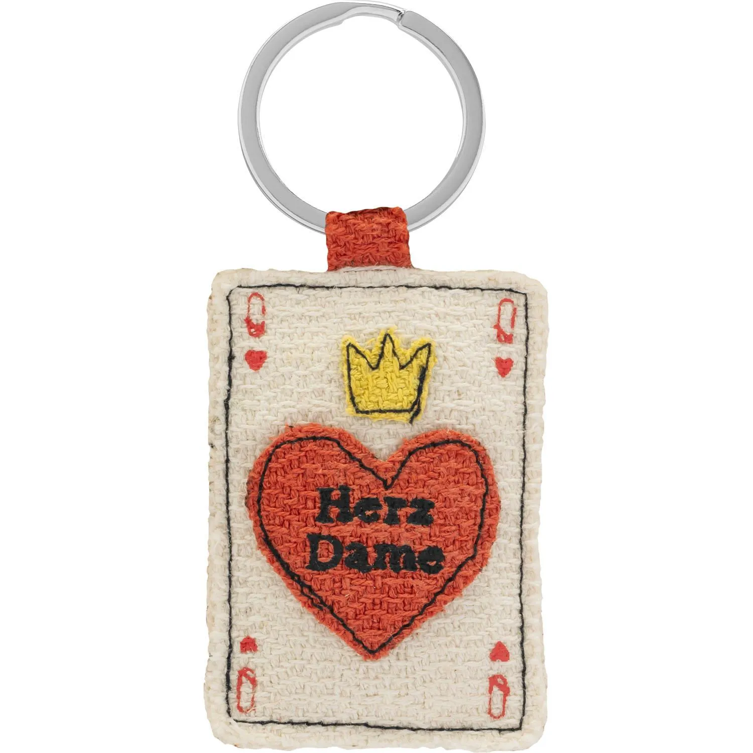 Kartenförmiger Schlüsselanhänger mit rotem Herz und Krone aus Ananasblattfaser, Baumwolle und Metall.