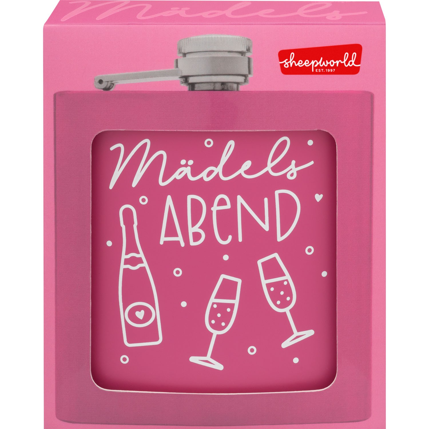 Flachmann aus Edelstahl in Pink mit Mädelsabend-Schriftzug und Gläser-Motiven in Sichtfensterverpackung