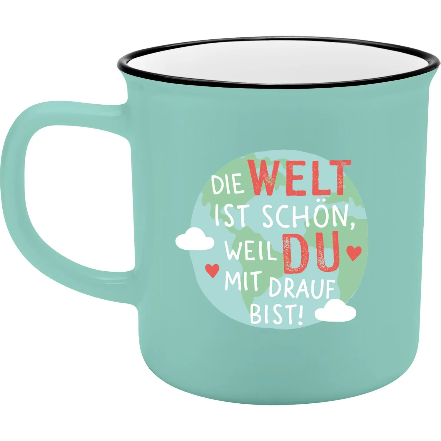 XL-Lieblingsbecher in Mint mit Weltkugel-Motiv und Spruch.