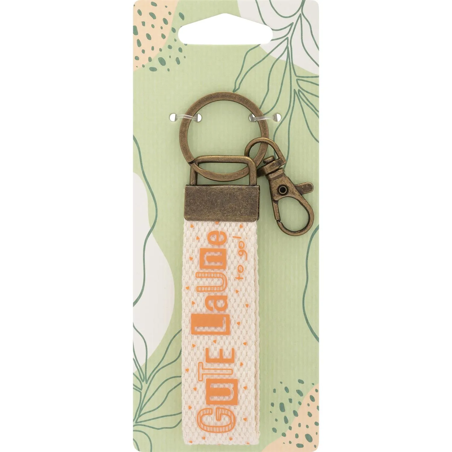 Canvas-Schlüsselanhänger mit orangefarbenem Schriftzug Gute Laune, Metallring und Karabiner