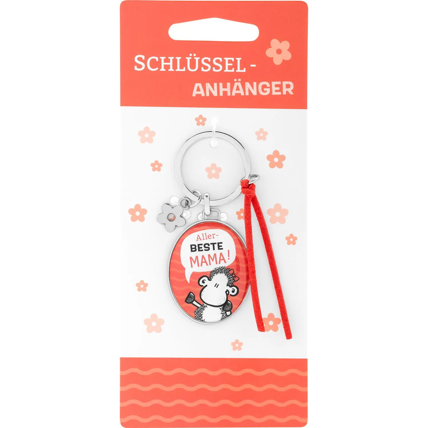Schlüsselanhänger mit roter Motivscheibe 'Aller-Beste Mama' und Blumen-Anhänger, Metallring, rotes Kunstlederband