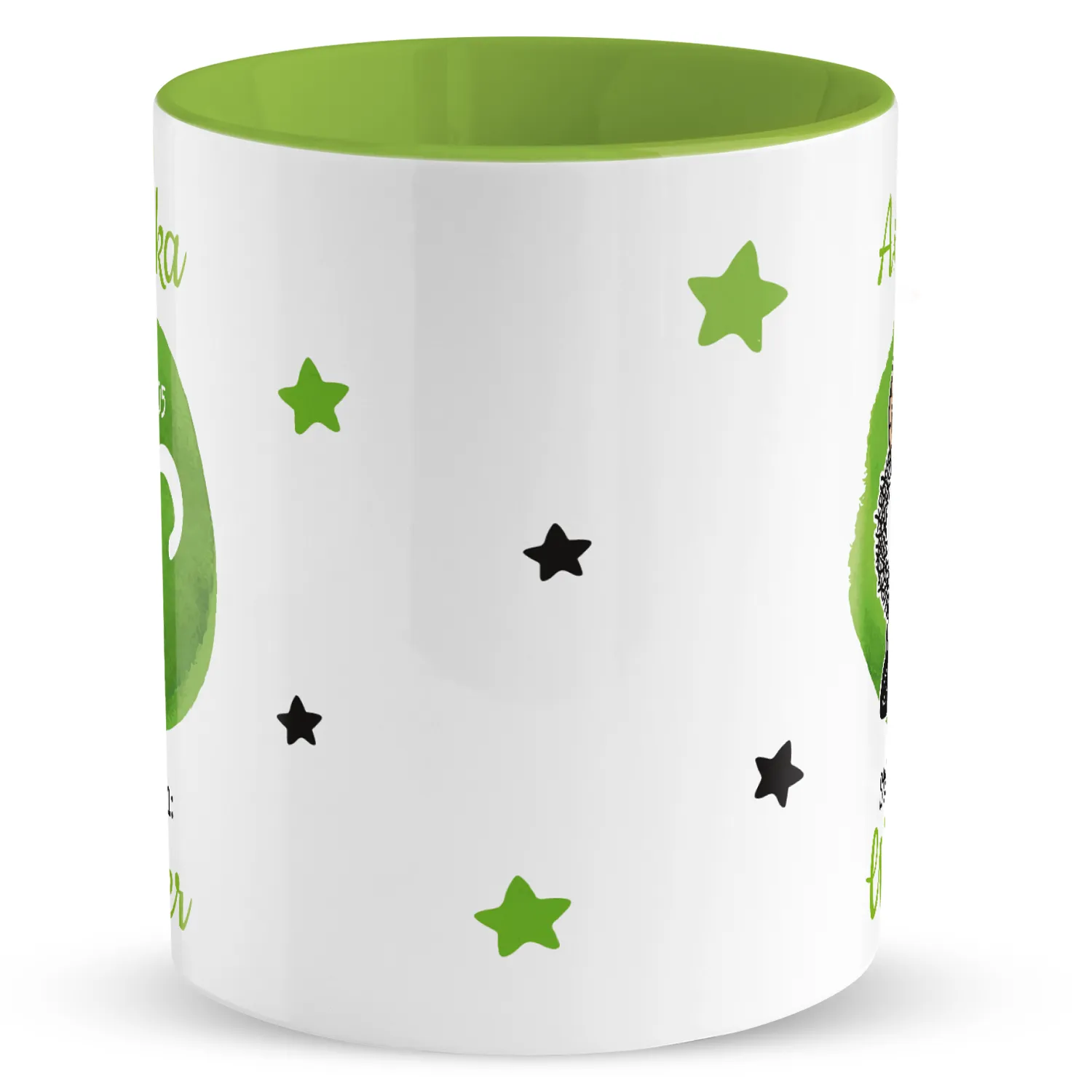 Weiße Porzellan-Tasse mit grünem Innenrand und Sternen in Grün/Schwarz