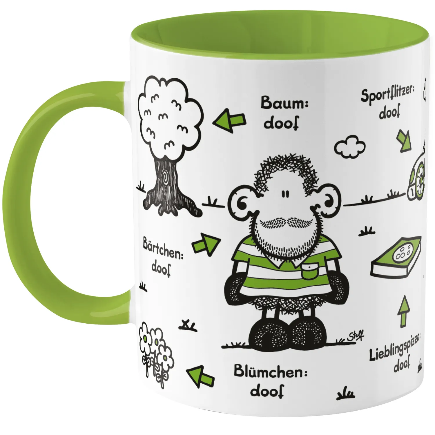 Weiße Porzellantasse, grüner Innenraum, humorvolle Schaf-Doodle-Motive; Name frei wählbar.
