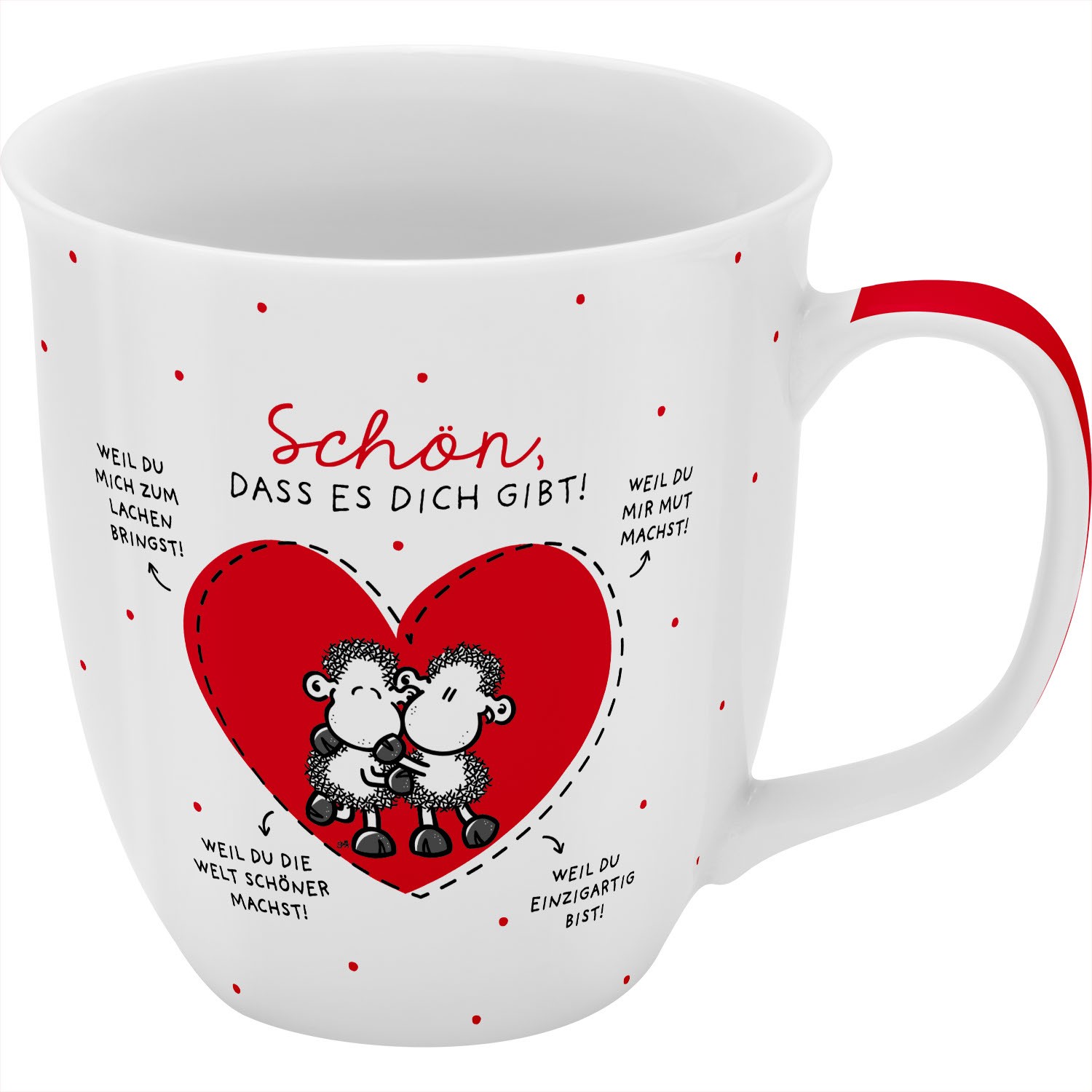 Weiße Porzellan-Tasse mit rotem Herz und zwei Schäfchen, Spruch 'Schön, dass es dich gibt!'