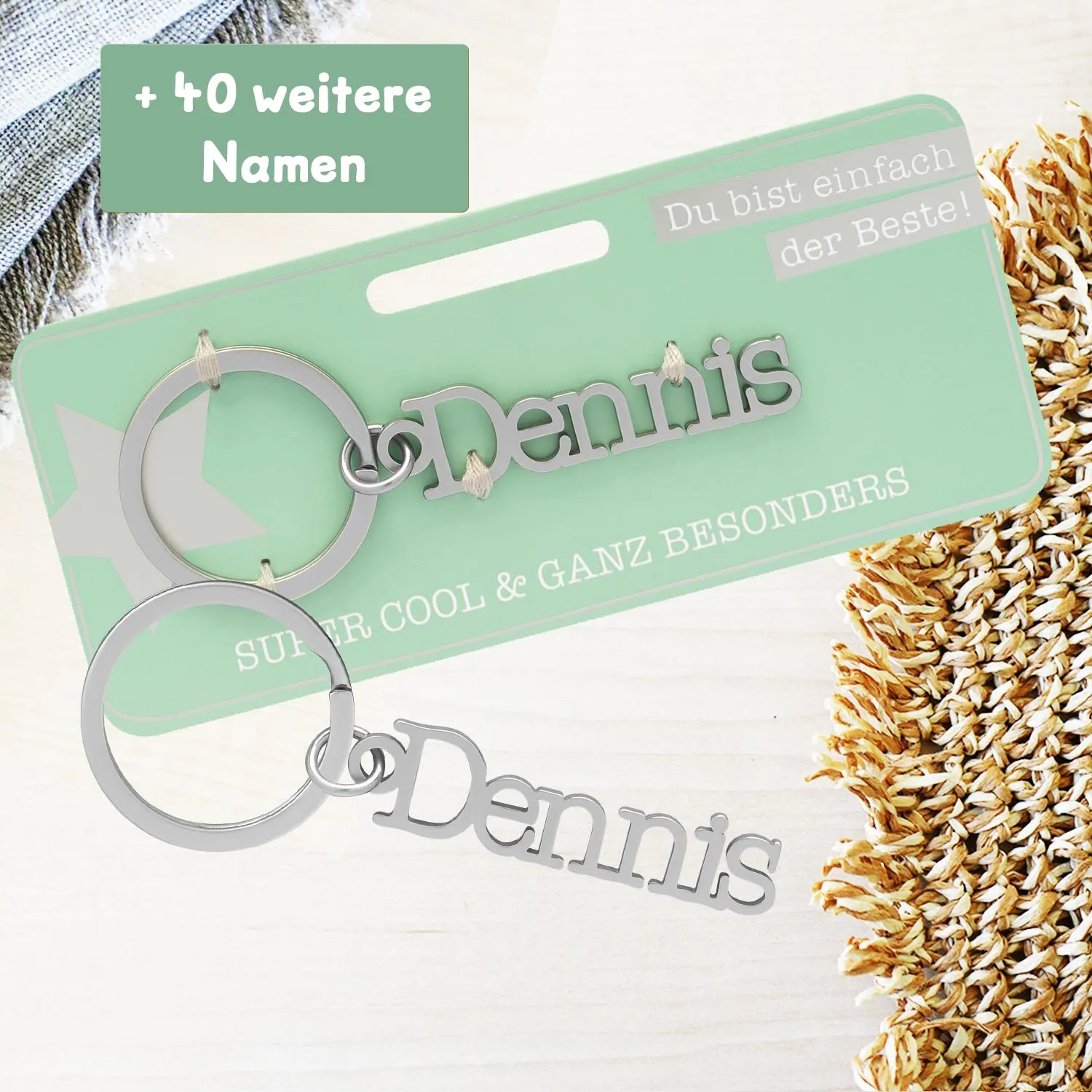 Namensschlüsselanhänger Dennis aus Edelstahl mit silbernem Ring