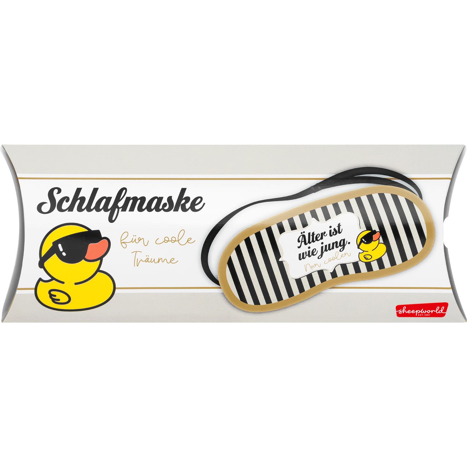 Schlafmaske mit gelber Ente, Sonnenbrille und Streifenmuster – kuschelig und bequem.