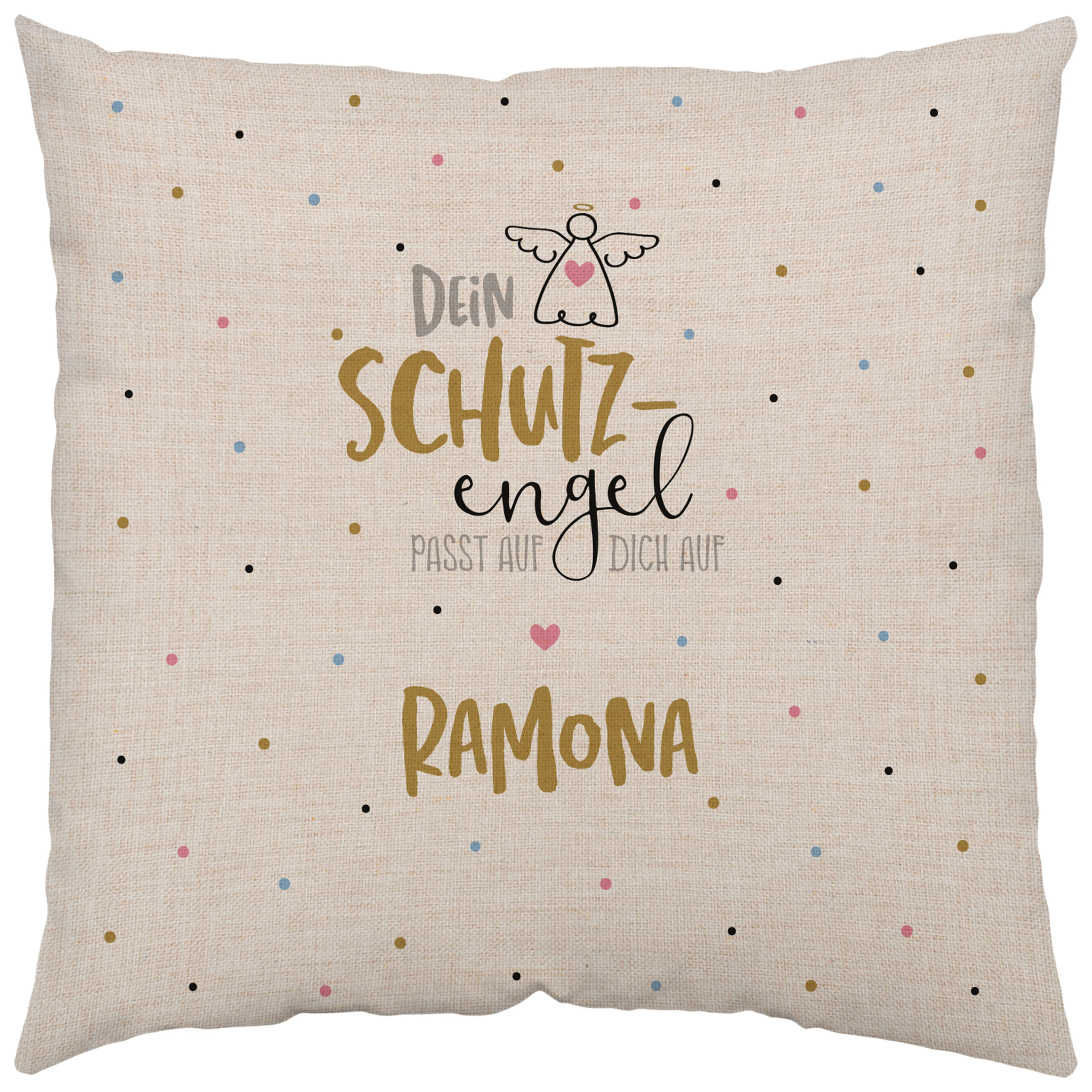 Beiges Kissen mit Schutzengel-Design und Namensdruck Ramona in Canvas-Optik