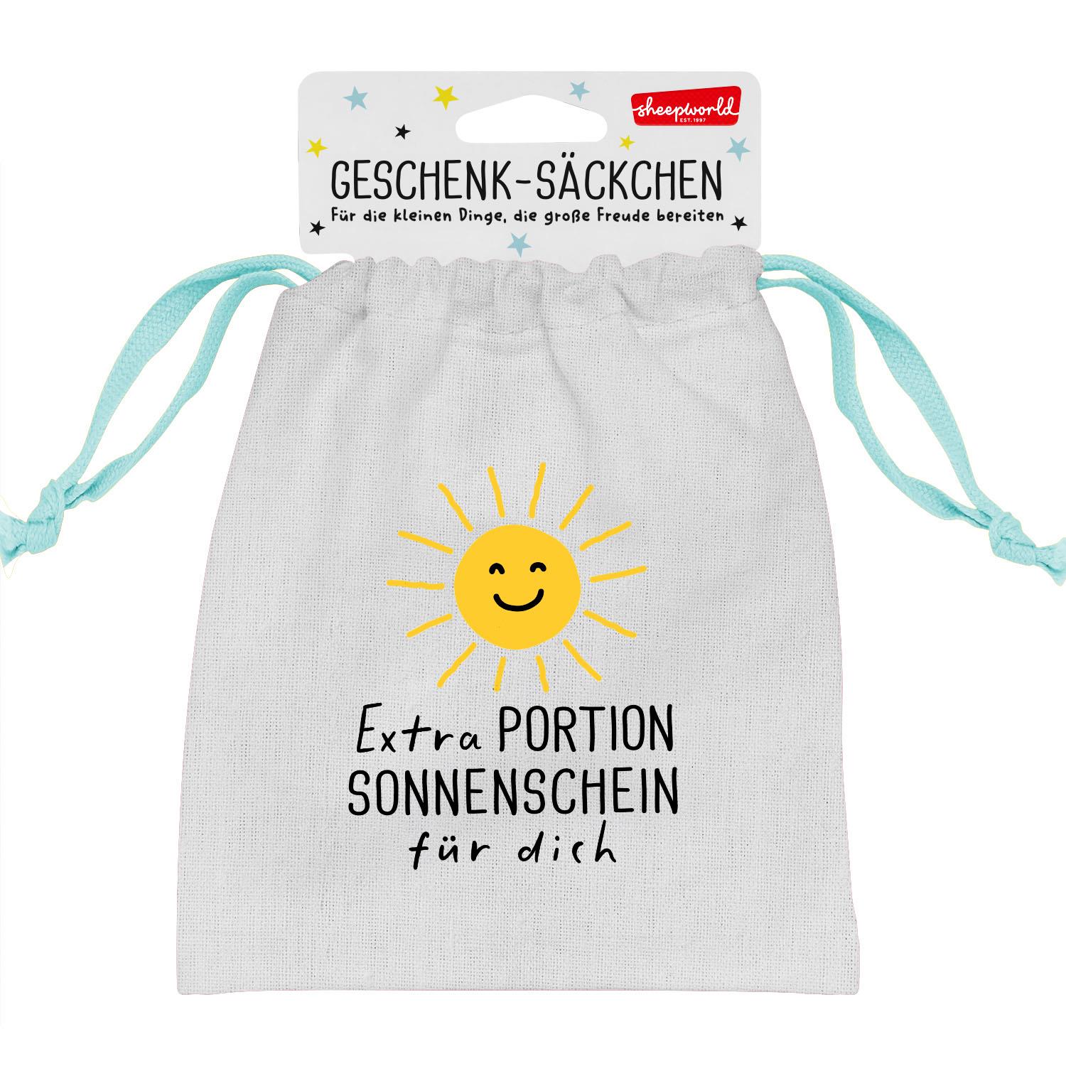 Weißes Canvas-Säckchen mit gelber Sonne und Spruch Extra Portion Sonnenschein – ideal als Geldgeschenk.
