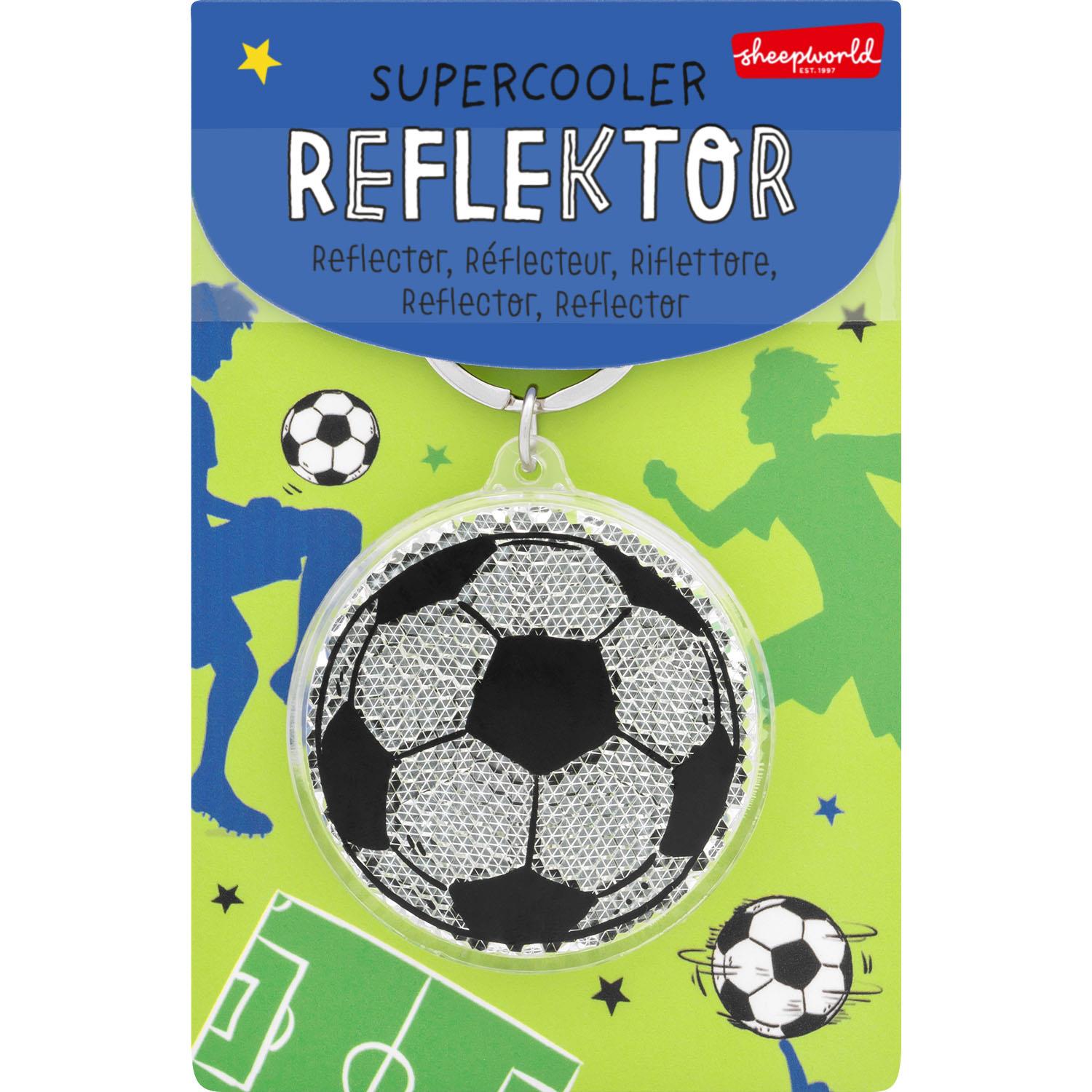 Runder Reflektor mit Fußballmotiv am Schlüsselring.
