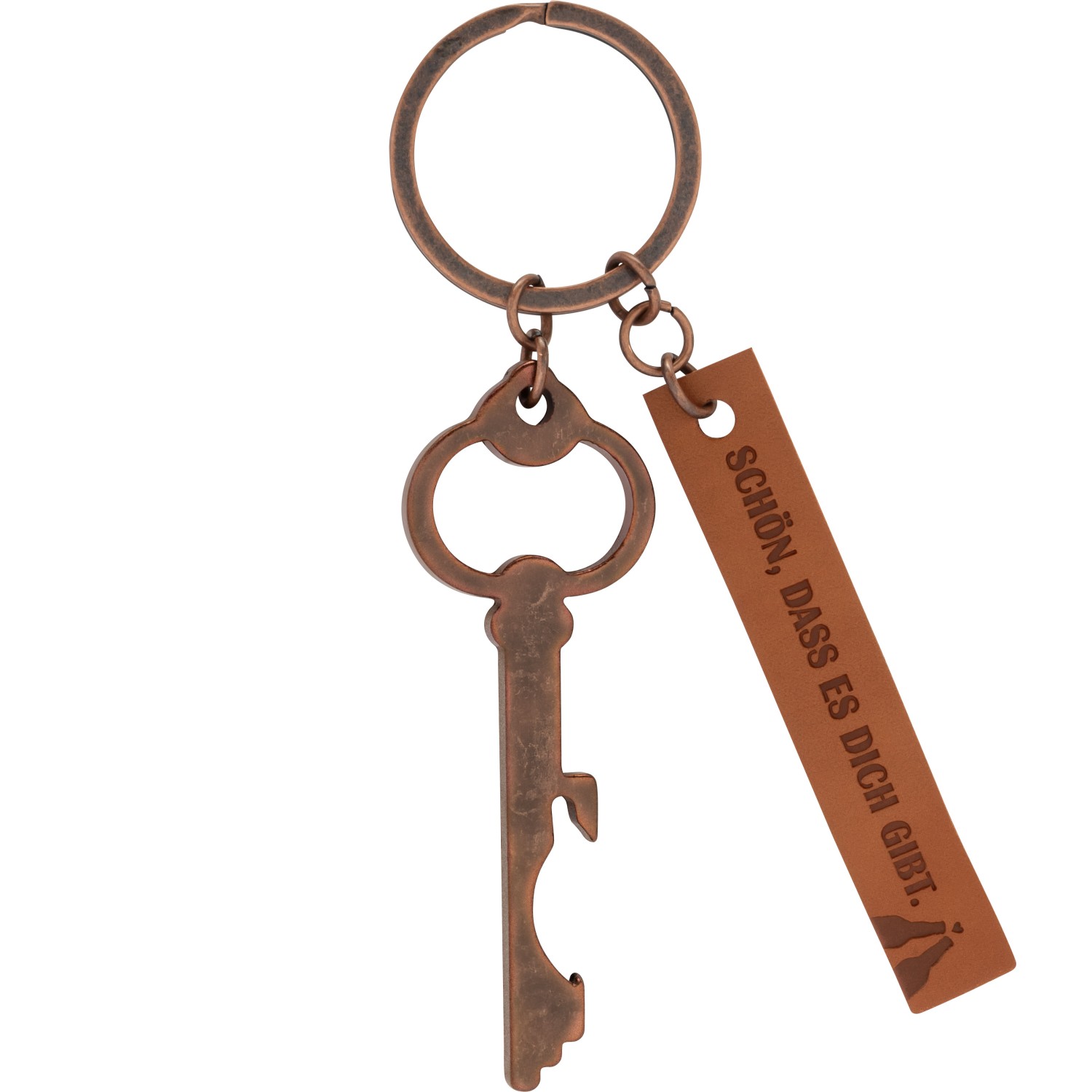 Kupferfarbener Schlüsselanhänger mit Flaschenöffner und Lederanhänger.