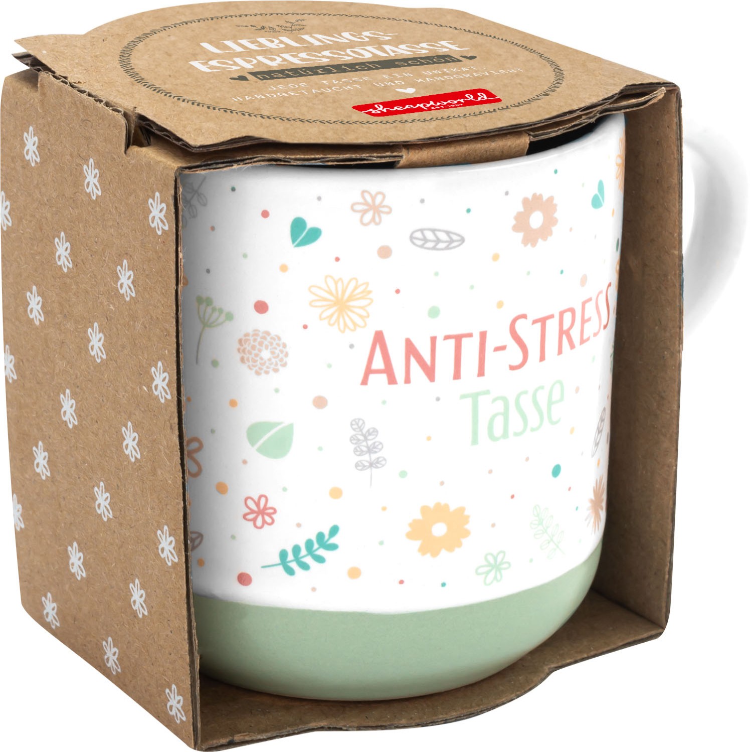 Espressotasse Anti-Stress mit pastellfarbenem Blumenmuster und grünem Boden, Geschenkverpackung