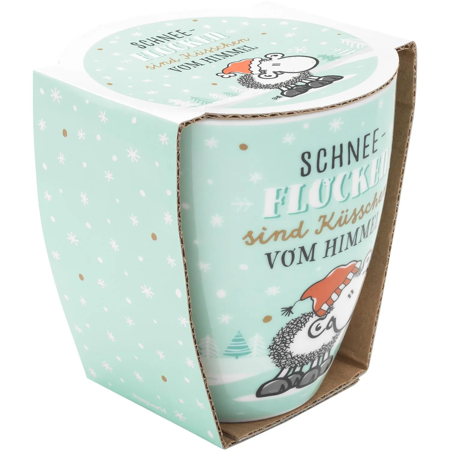 Mintfarbene Porzellantasse mit Schäfchen und Schneeflocken im Golddruck