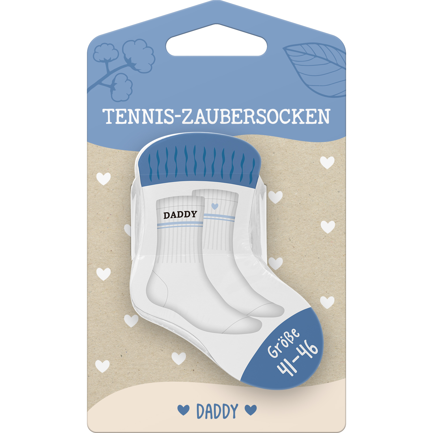 Weiße Zaubersocken mit blauem Bund und Daddy-Schriftzug