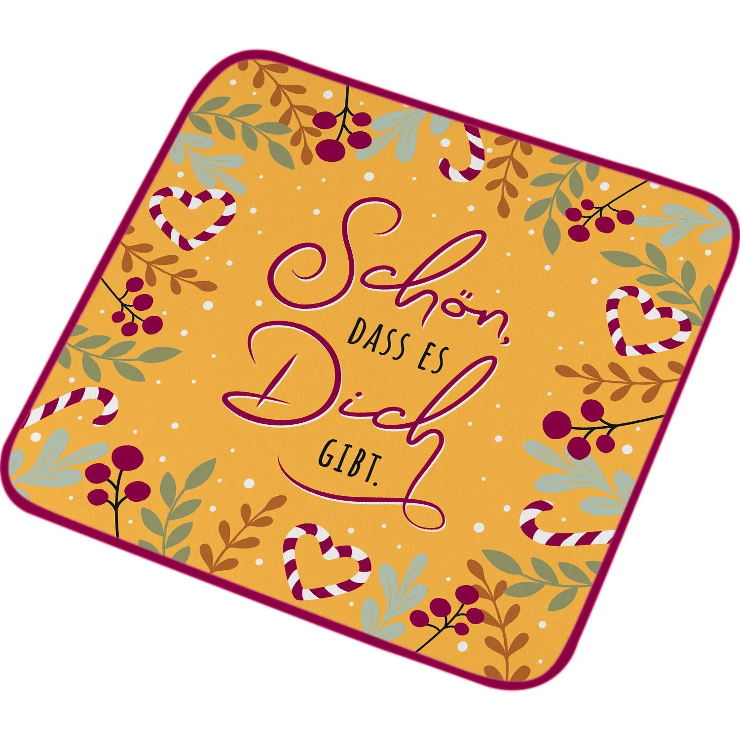 Gelbes Zauberhandtuch mit Herz- und Blattmotiven und Schriftzug Schön, Dass Es Dich Gibt – 30x30 cm, 100% Baumwolle