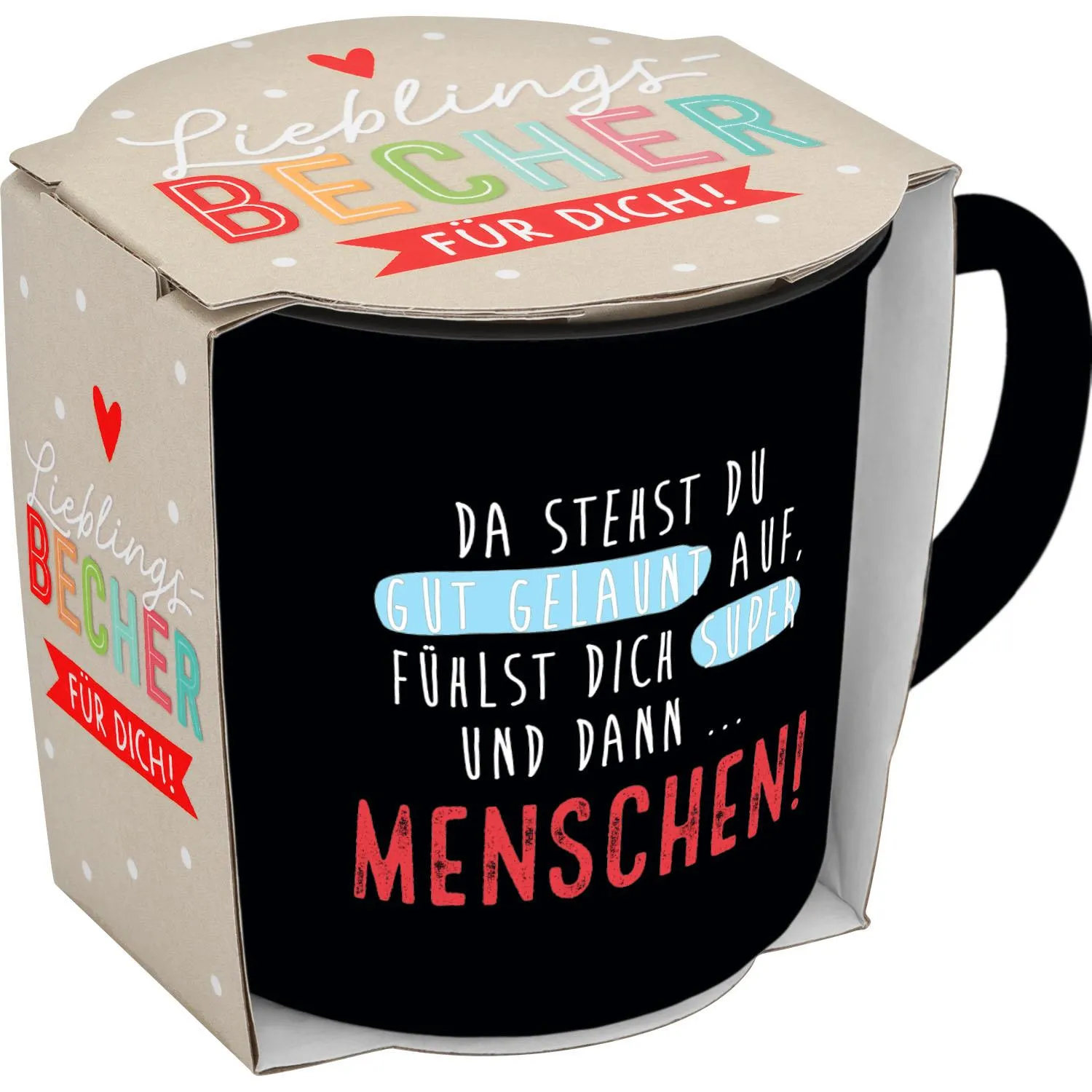Schwarzer Becher mit frechem Spruch und blauem Akzent, in Geschenkverpackung.
