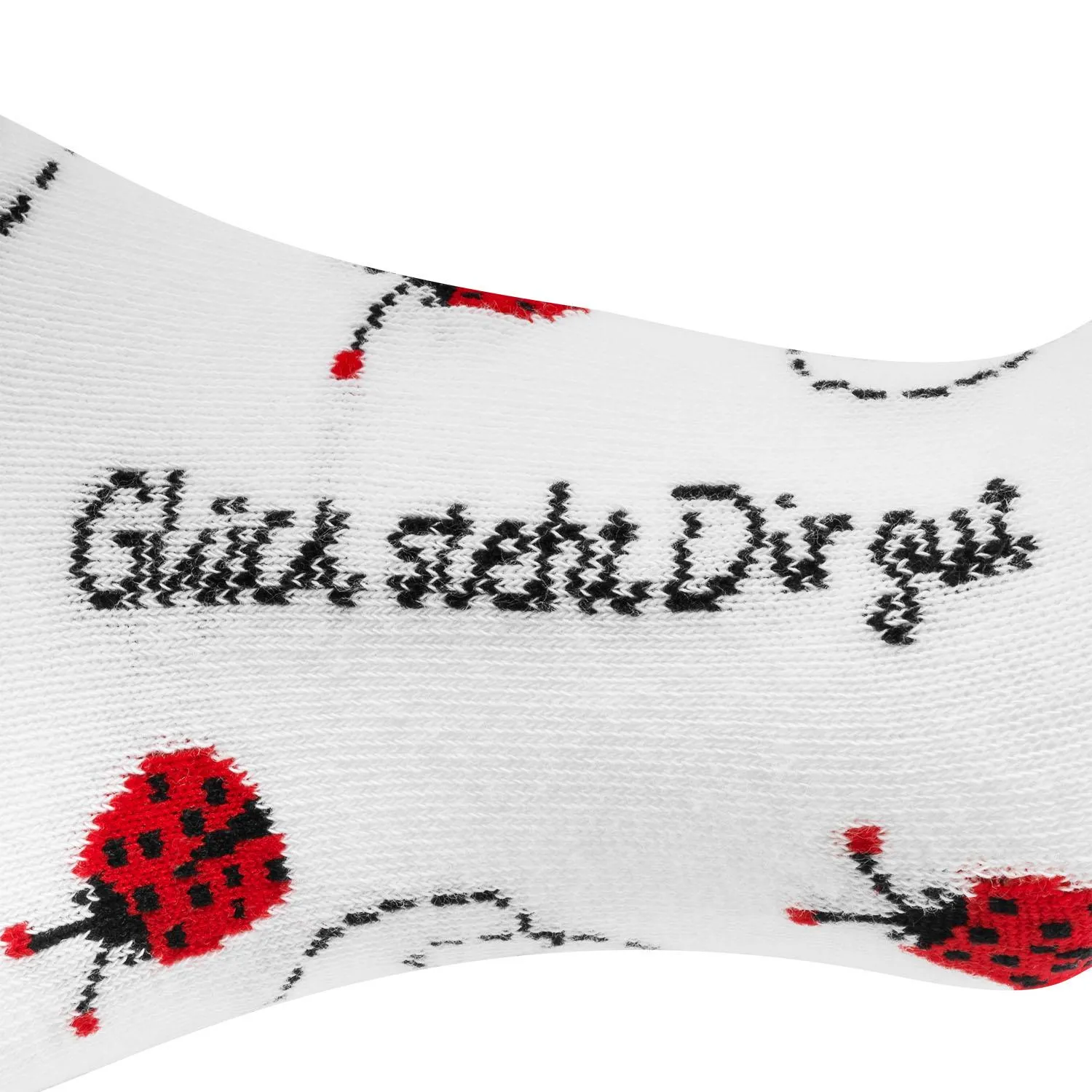 Weiße Socke mit roten Marienkäfer-Motiven, gepresst in Marienkäferform