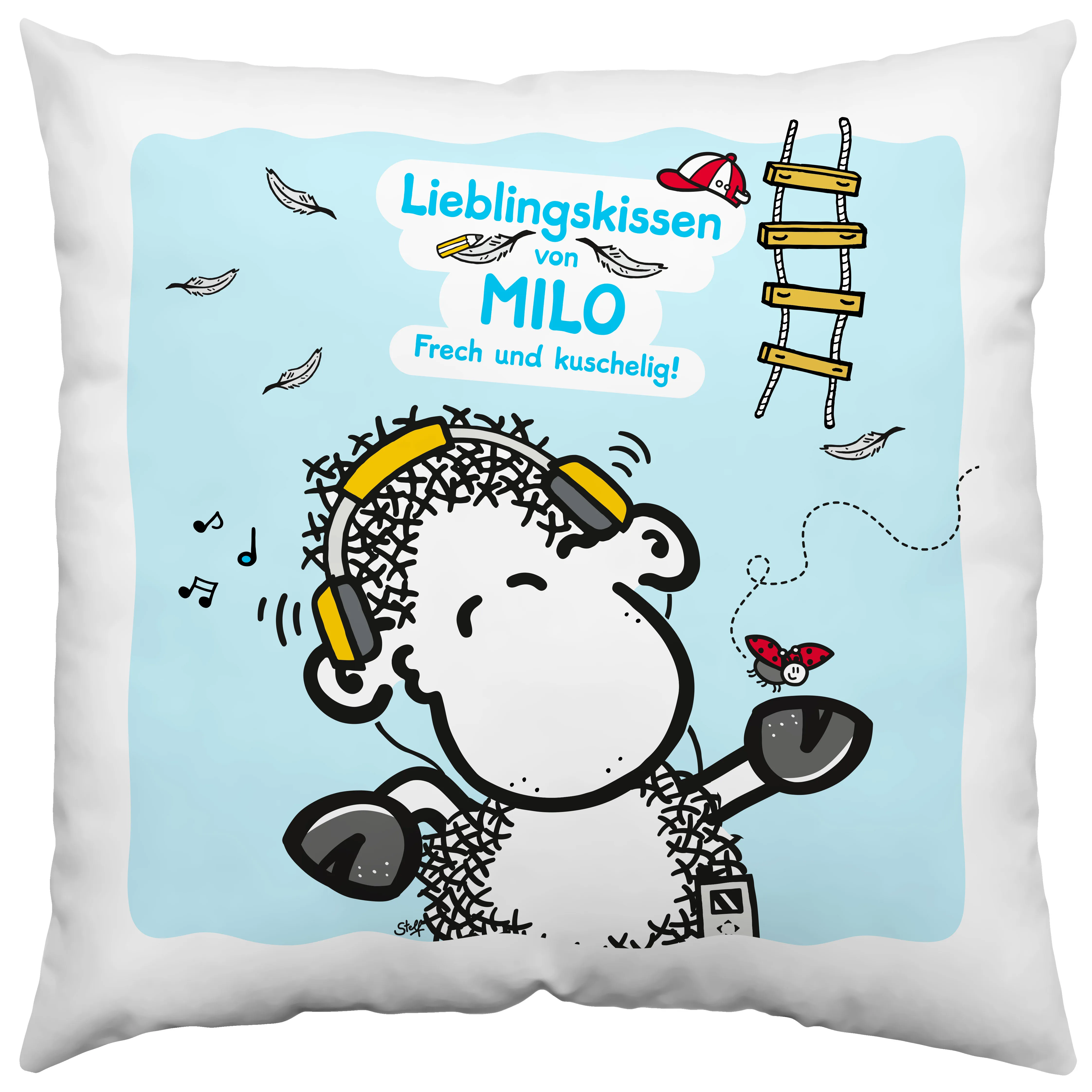 Weißes 40x40 cm Kissen mit Schaf-Motiv und Kopfhörern auf hellblauem Hintergrund