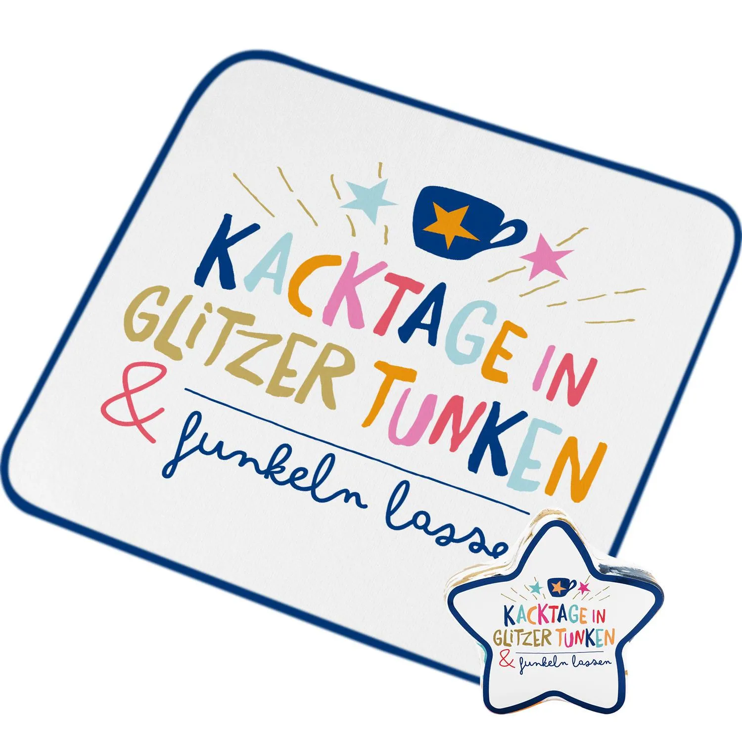 Weißes Zauberhandtuch mit blauem Rand, bunter Typografie und Sternanhänger.