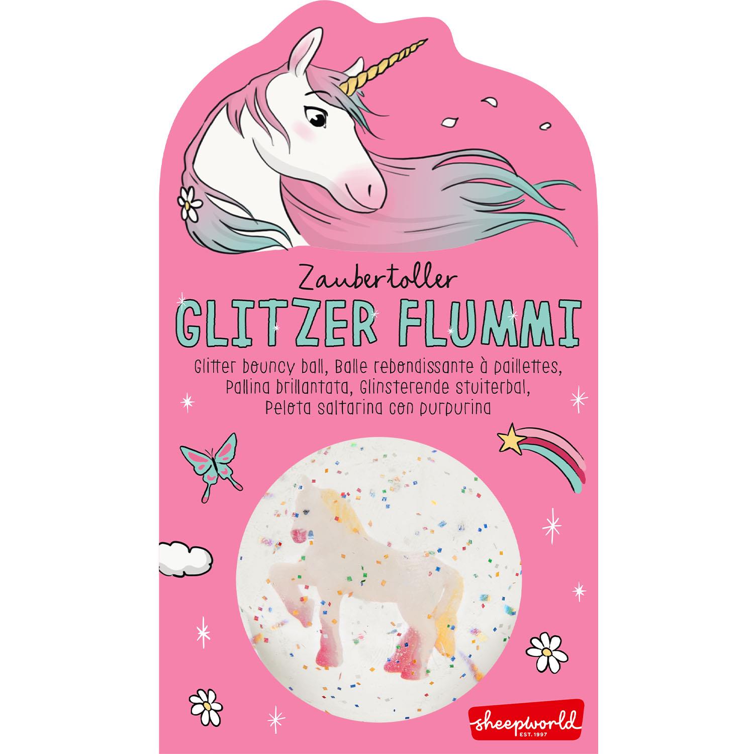 Pink verpackter Glitzerflummi mit 3D-Einhornfigur und buntem Konfetti
