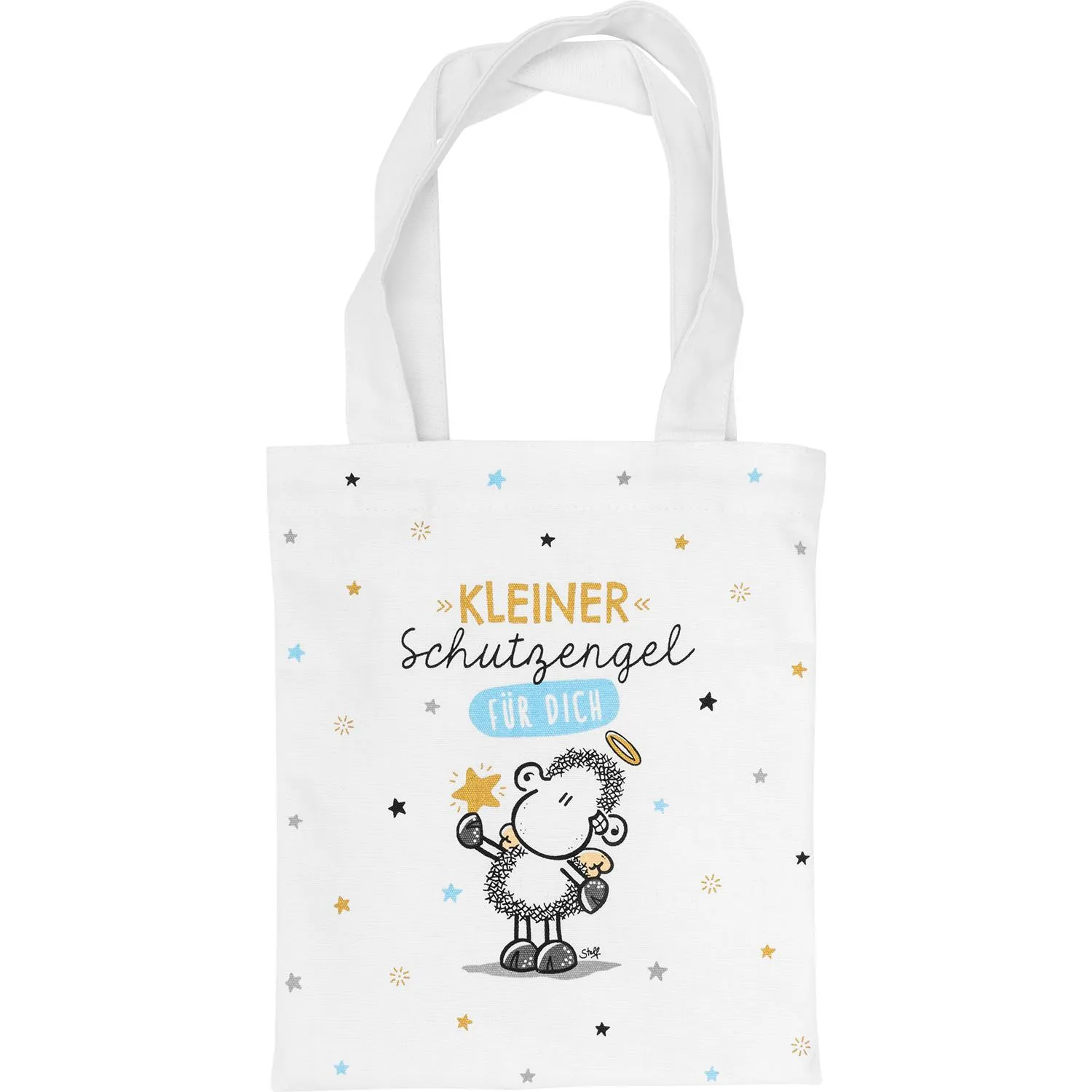 Weiße Baumwolltasche mit Schaf-Illustration, Sternchen und Golddruck