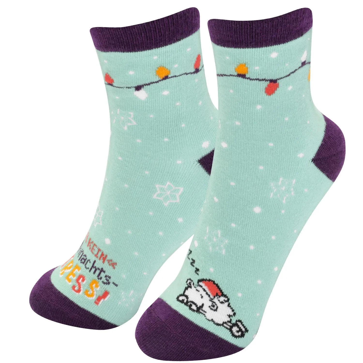 Mintgrüne Damensocken mit Schneeflocken und Weihnachtsmotiv, Stress-Aufdruck