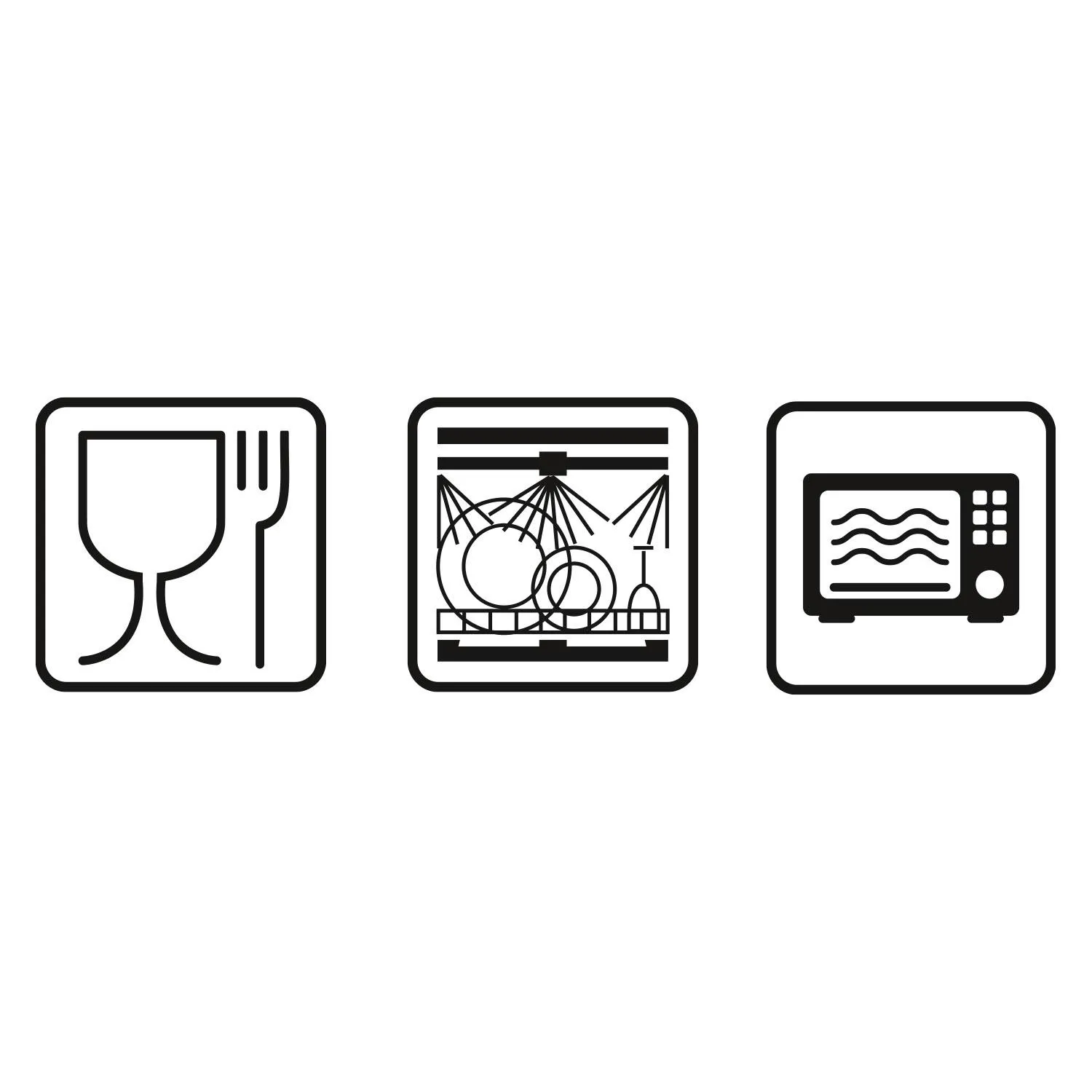 Drei Küchen-Icons: Glas mit Besteck, Geschirrspüler und Mikrowelle in Schwarz-Weiß