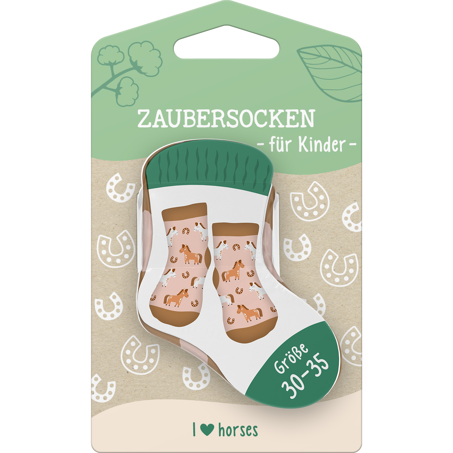 Kinder-Zaubersocken mit Pferdemotiven, Verpackung in Pastellgrün-Beige, Größe 30–35