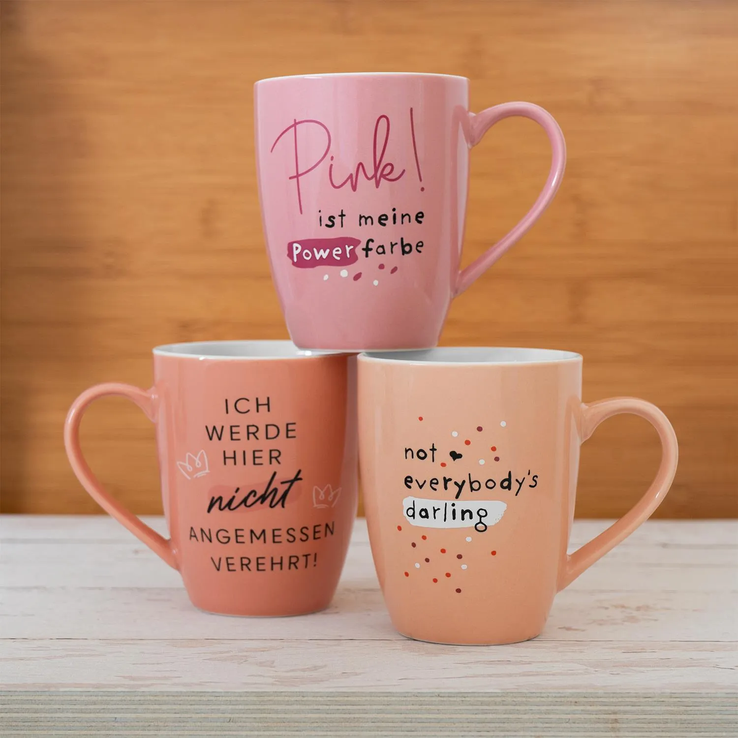 Becher-Set in Pastellrosa/ Peach mit Sprüchen