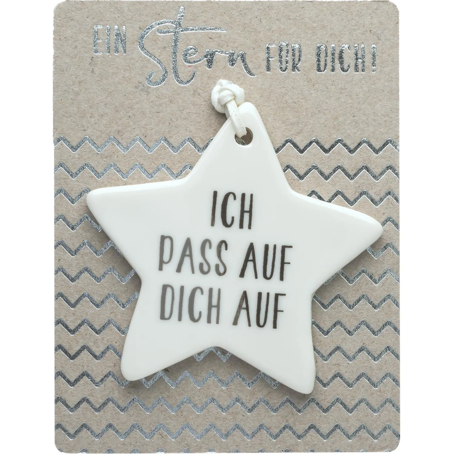 Weißer Porzellanstern mit silbernem Schriftzug 'Ich pass auf dich auf' am Kunstlederband